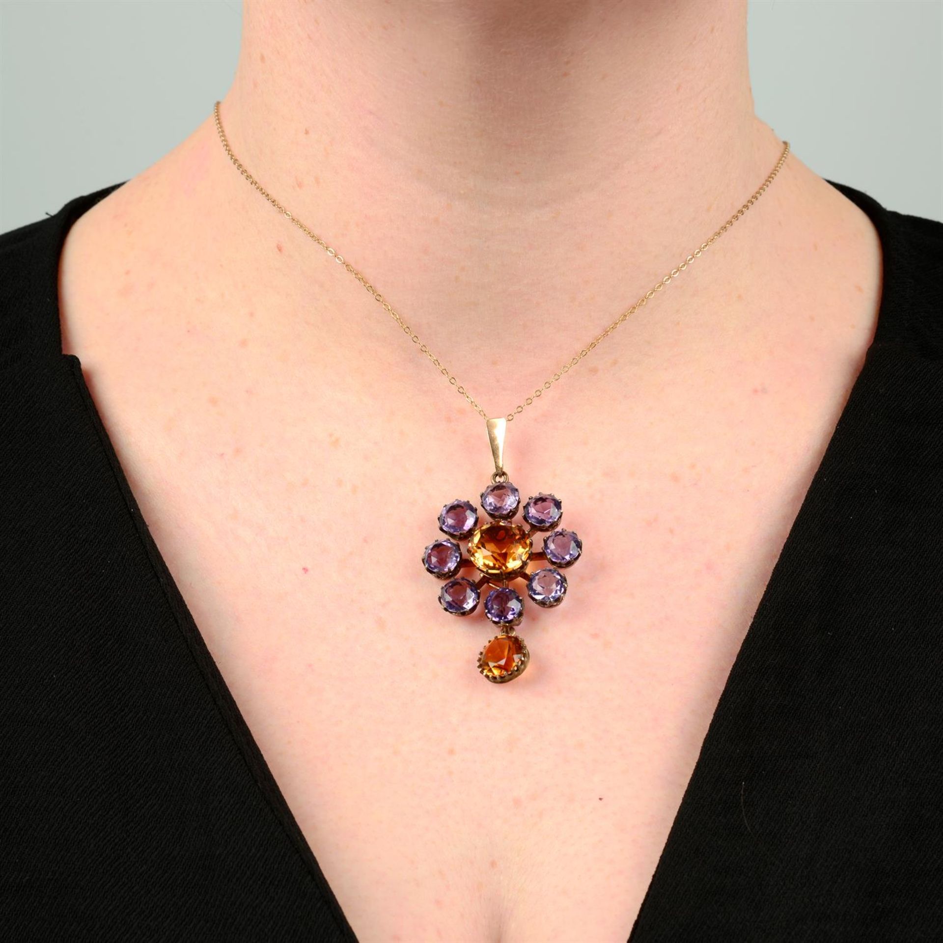 A late 19th century citrine and amethyst cluster pendant, with later surmount and trace-link chain. - Image 5 of 5