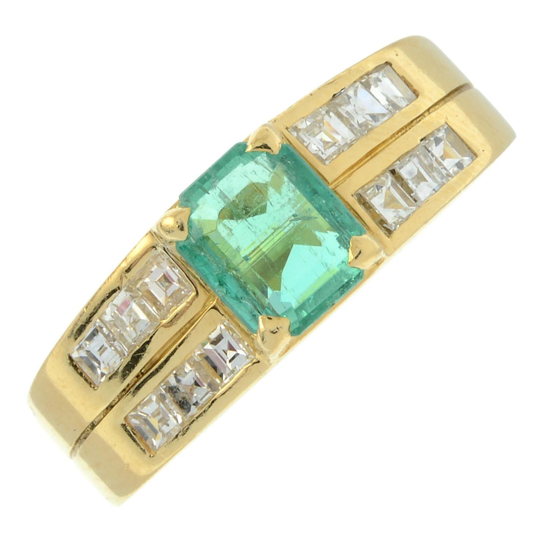 An 18ct gold emerald dress ring, with calibre-cut diamond line sides. - Image 2 of 5