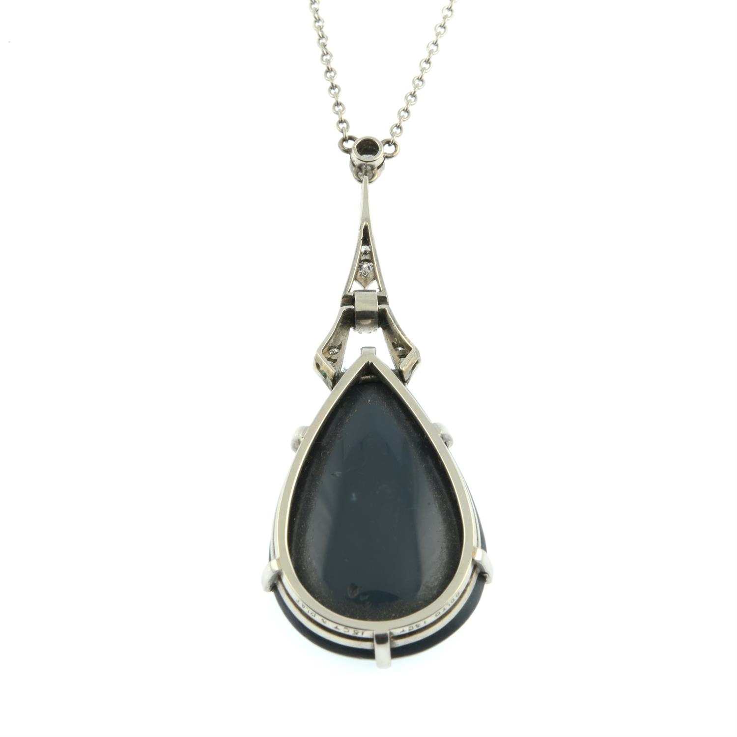 An Art Deco platinum and gold black opal and diamond geometric pendant, on chain. - Image 3 of 5