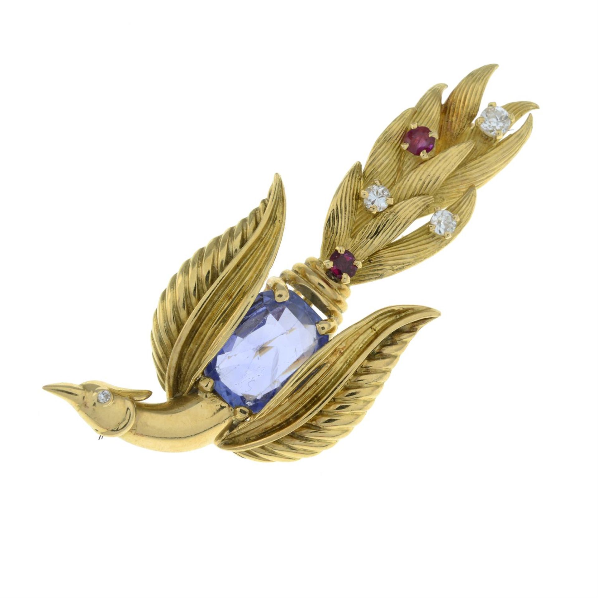 A mid 20th century 18ct gold sapphire, ruby and circular-cut diamond phoenix or bird-of-paradise - Image 2 of 4