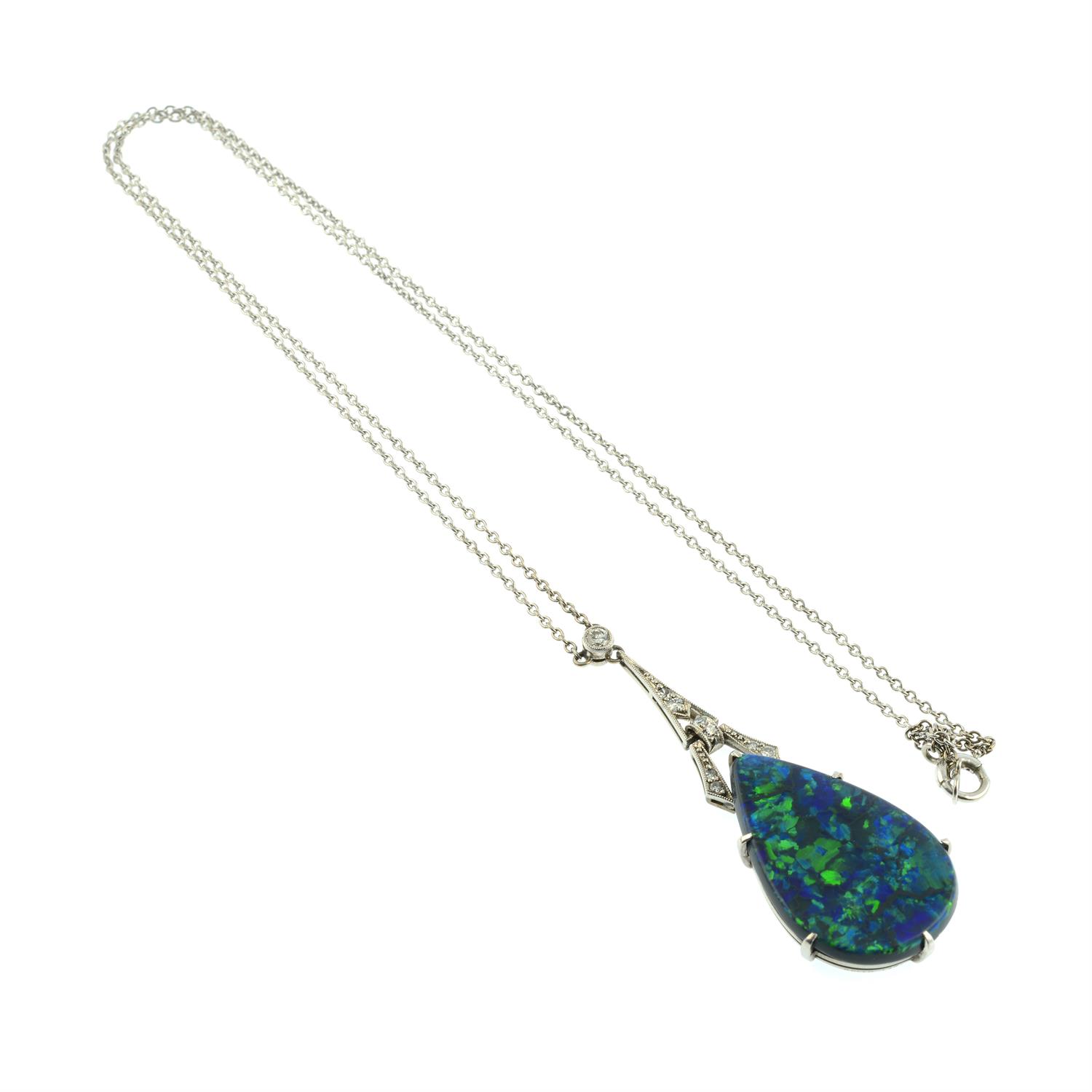 An Art Deco platinum and gold black opal and diamond geometric pendant, on chain. - Image 4 of 5