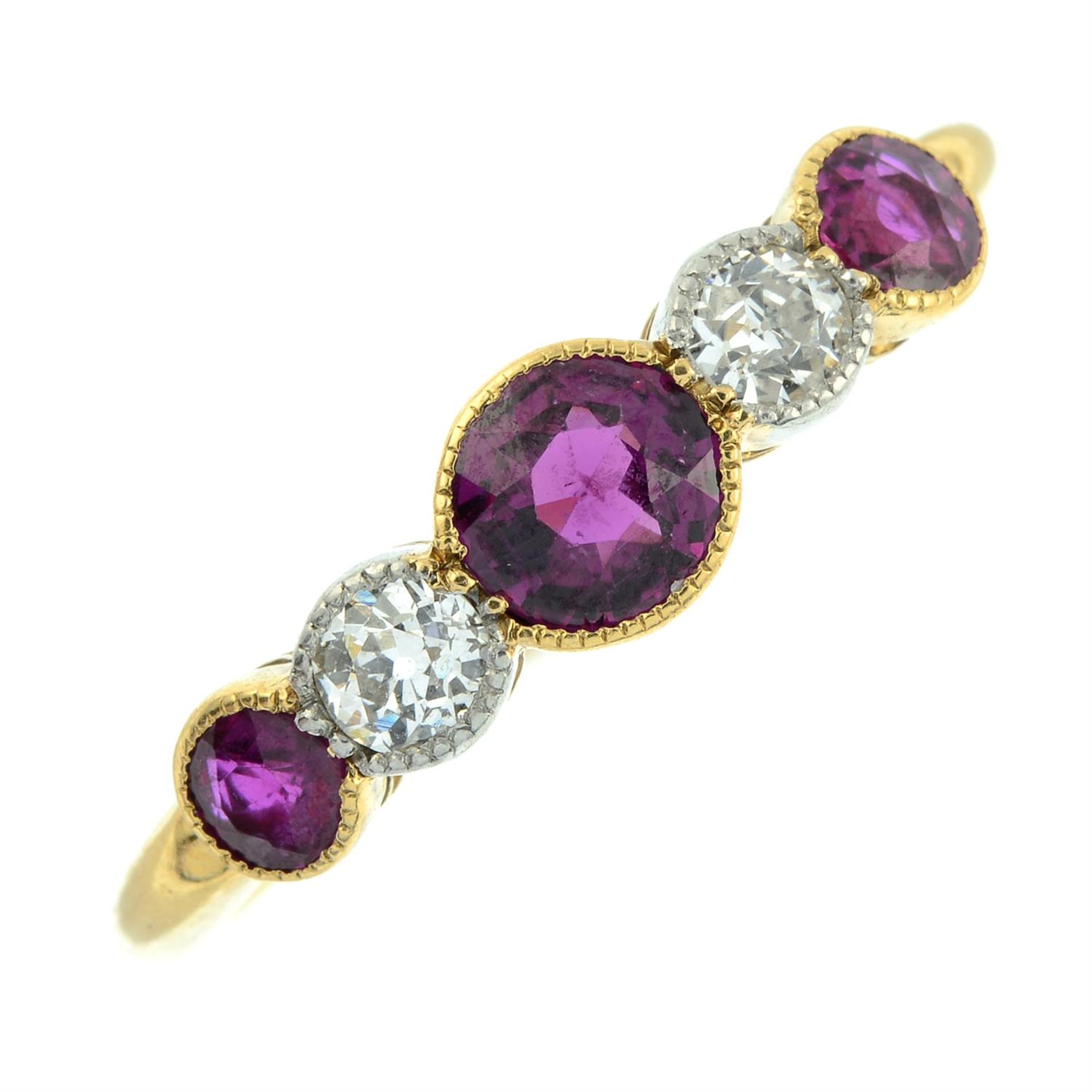 A late 19th century 18ct gold ruby and old-cut diamond five-stone ring. - Bild 2 aus 5