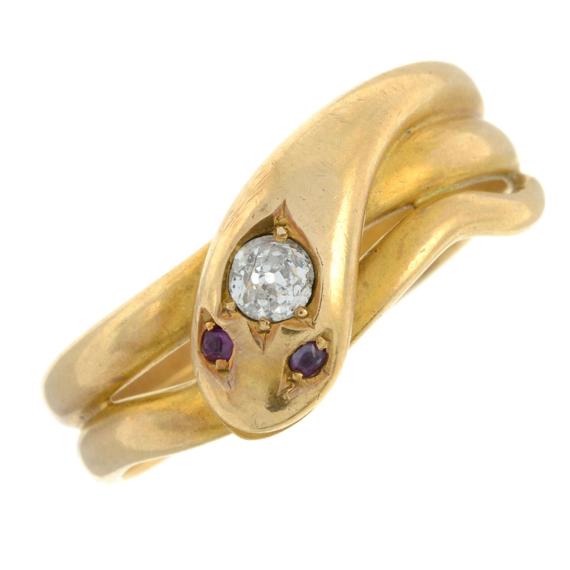 A late Victorian 18ct gold snake ring, with old-cut diamond crest and ruby eyes. - Bild 2 aus 4