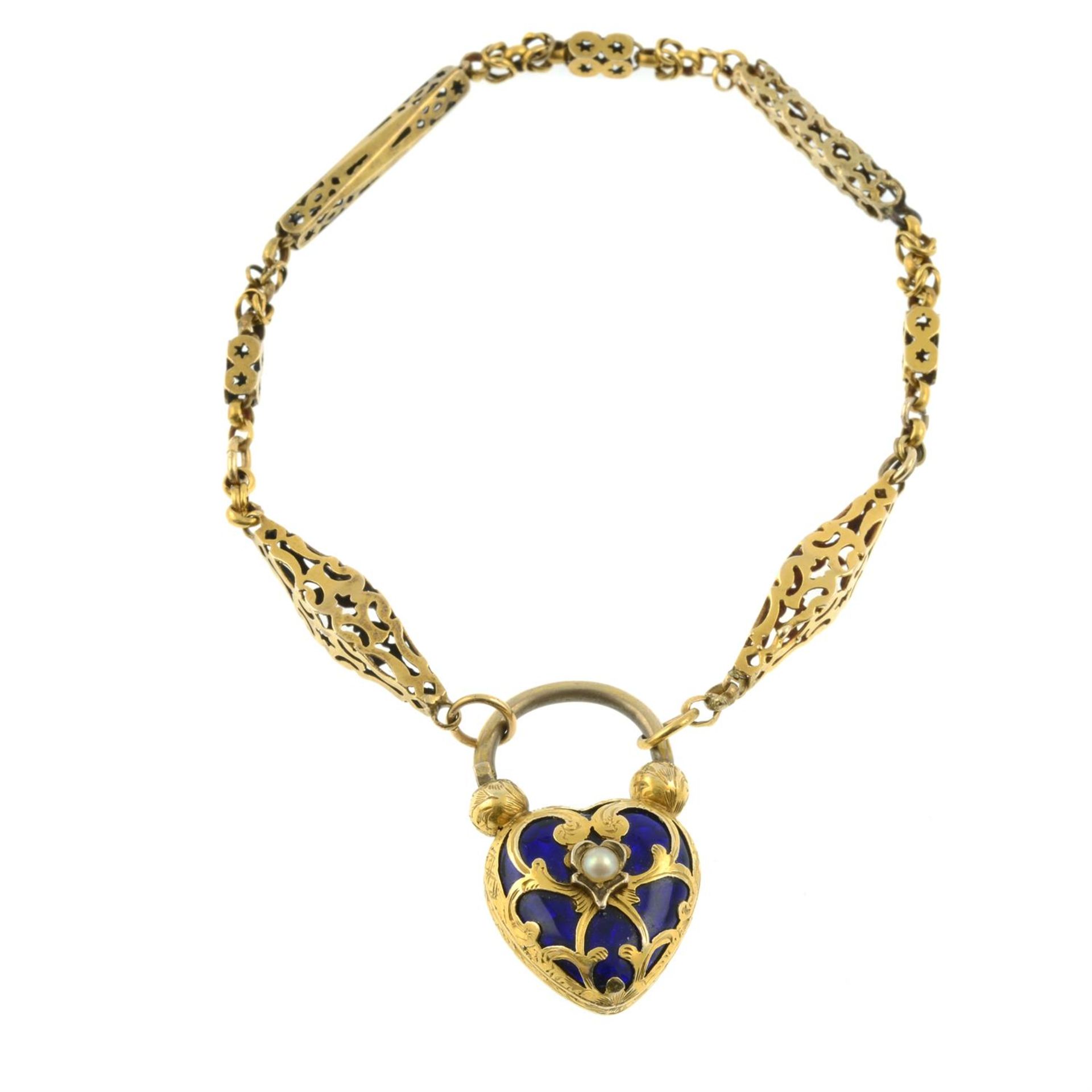 A Victorian gold pierced bracelet, with split pearl and blue enamel locket heart clasp. - Bild 2 aus 3