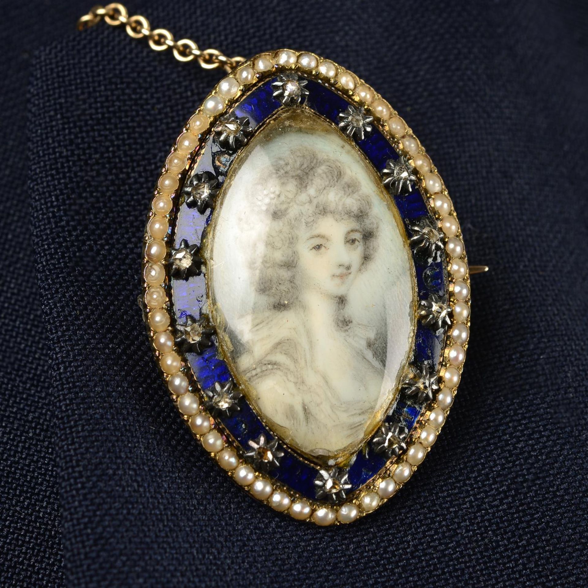 A Georgian gold rose-cut diamond, split pearl and enamel portrait miniature brooch,