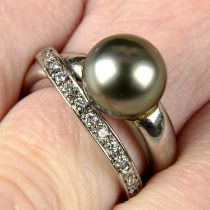 A grey cultured pearl and brilliant-cut diamond crossover dress ring.