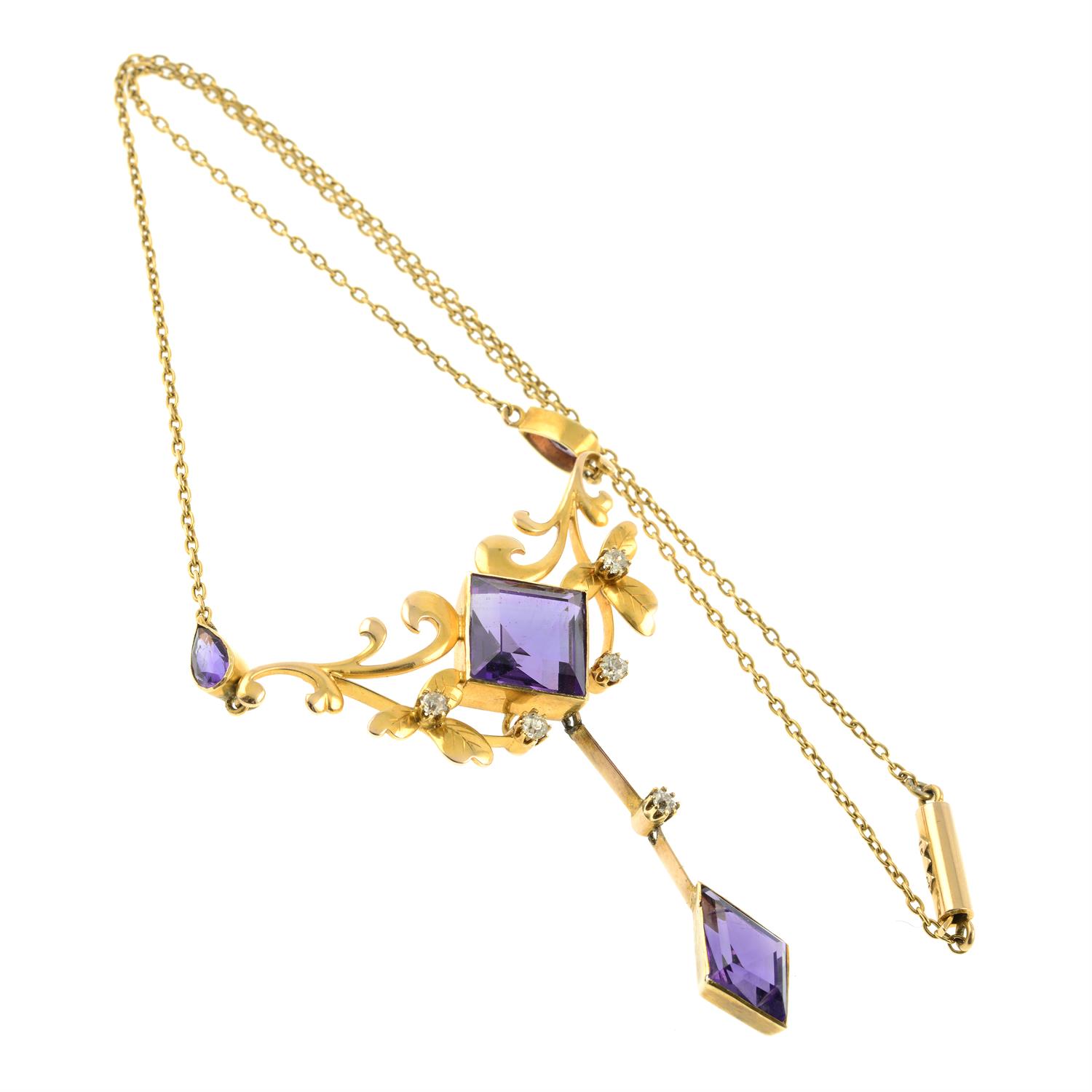 An early 20th century 15ct gold amethyst and old-cut diamond foliate drop pendant, - Image 4 of 5