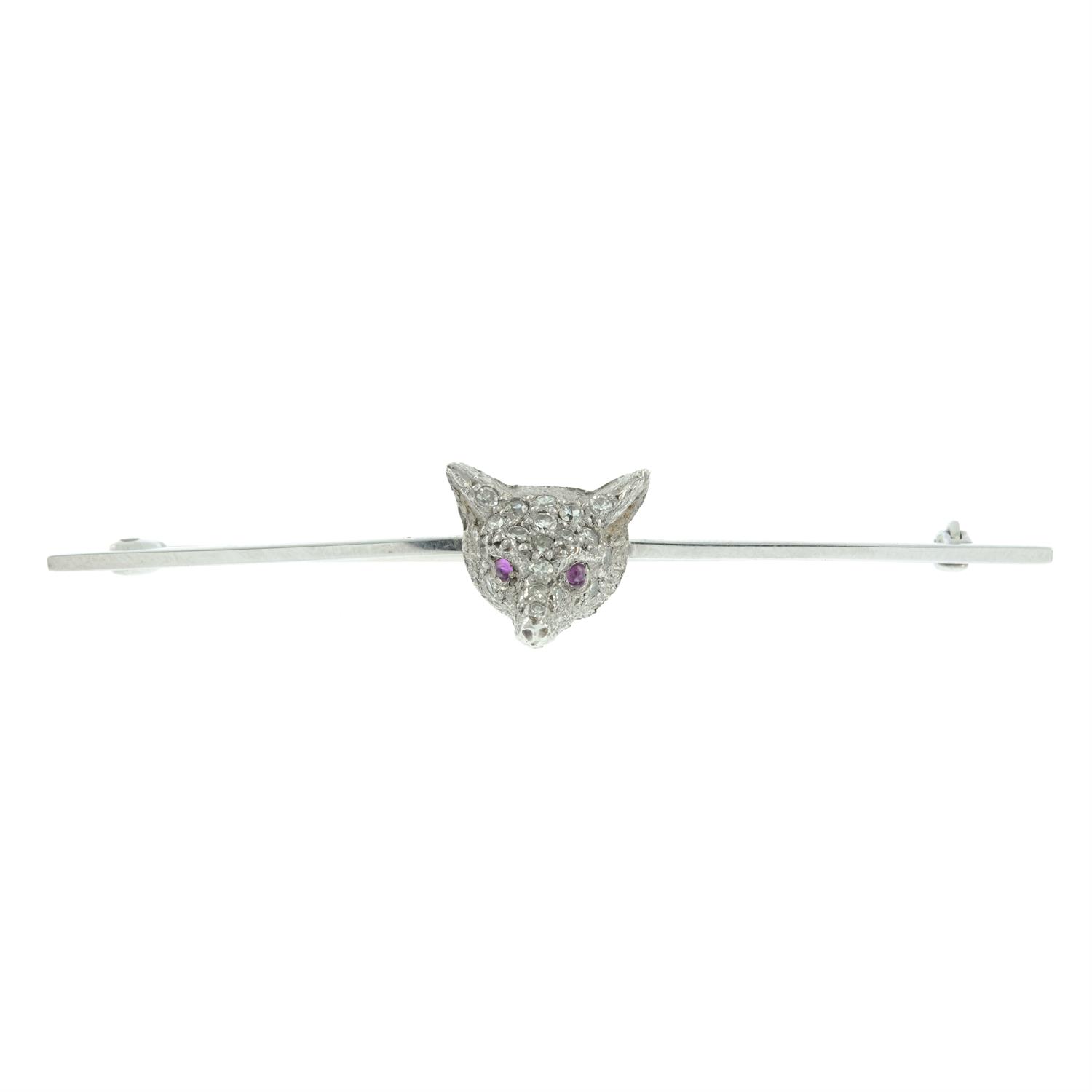 An early to mid 20th century 18ct gold single-cut diamond fox mask bar brooch, with ruby eyes. - Image 2 of 4