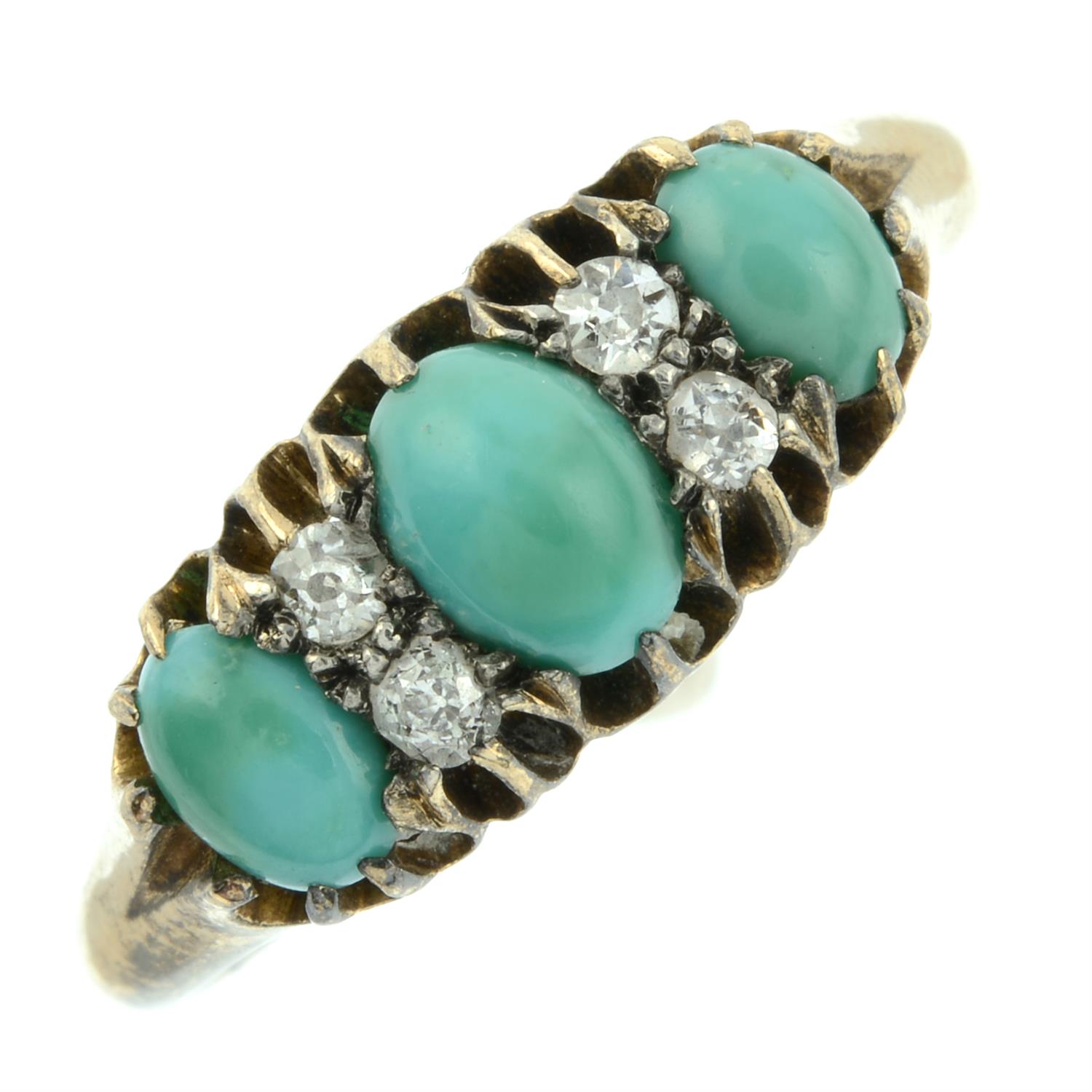An early 20th century 18ct gold graduated turquoise three-stone ring, with old-cut diamond spacers. - Image 2 of 5