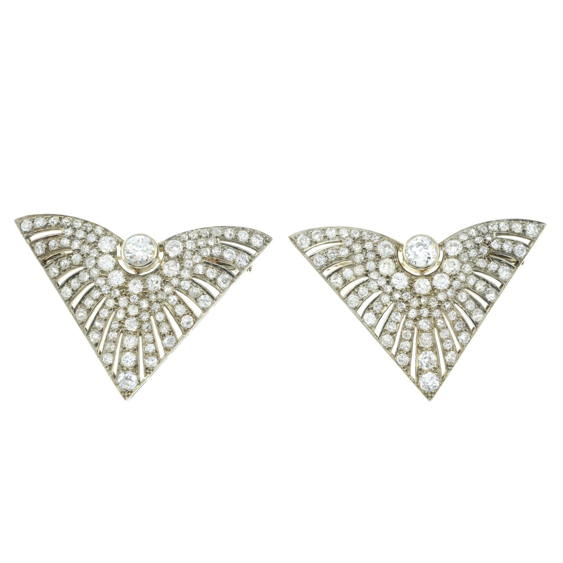 A pair of mid 20th century gold diamond geometric brooches. - Image 2 of 4