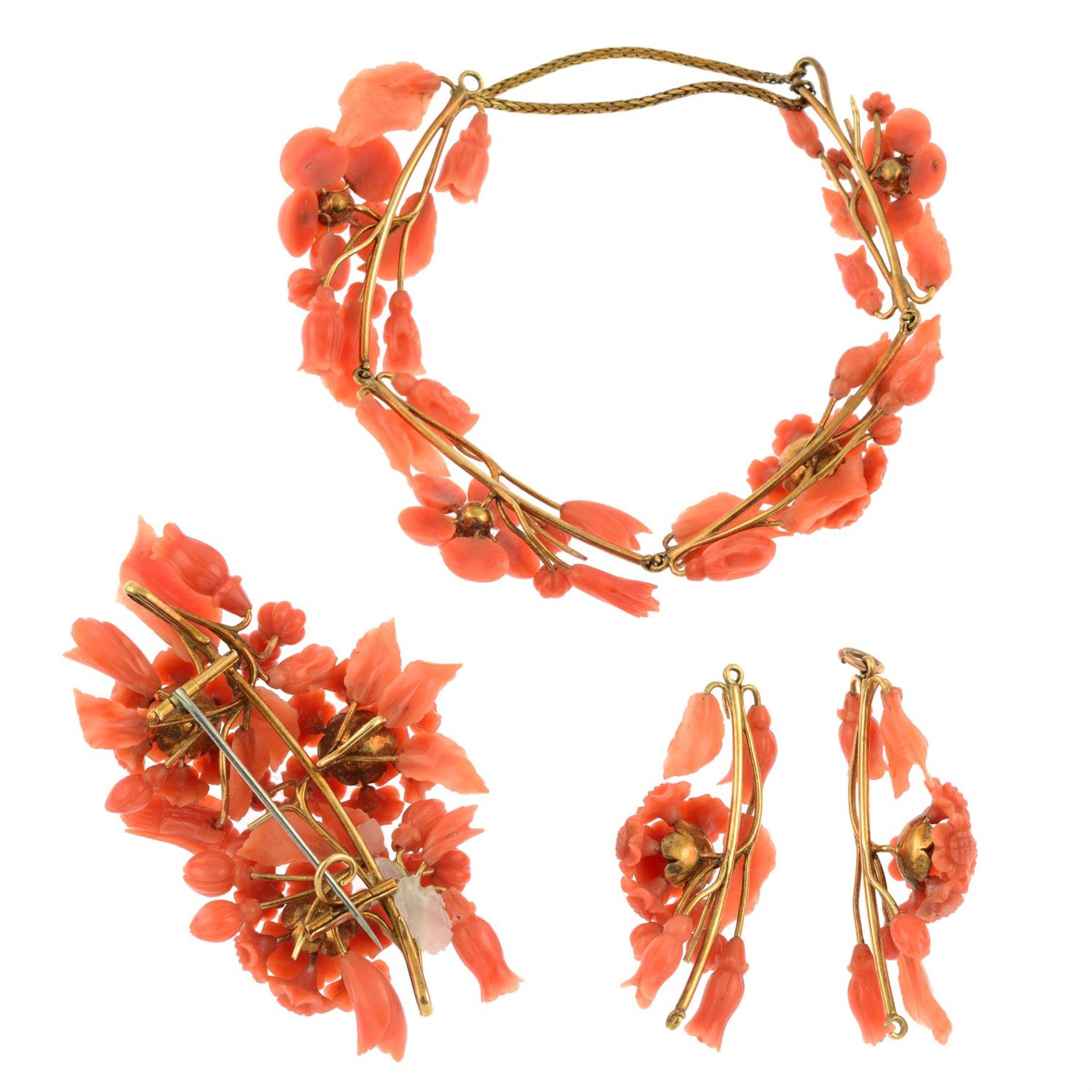 An early to mid 19th century gold mounted carved coral demi parure, consisting of bracelet, - Image 3 of 4