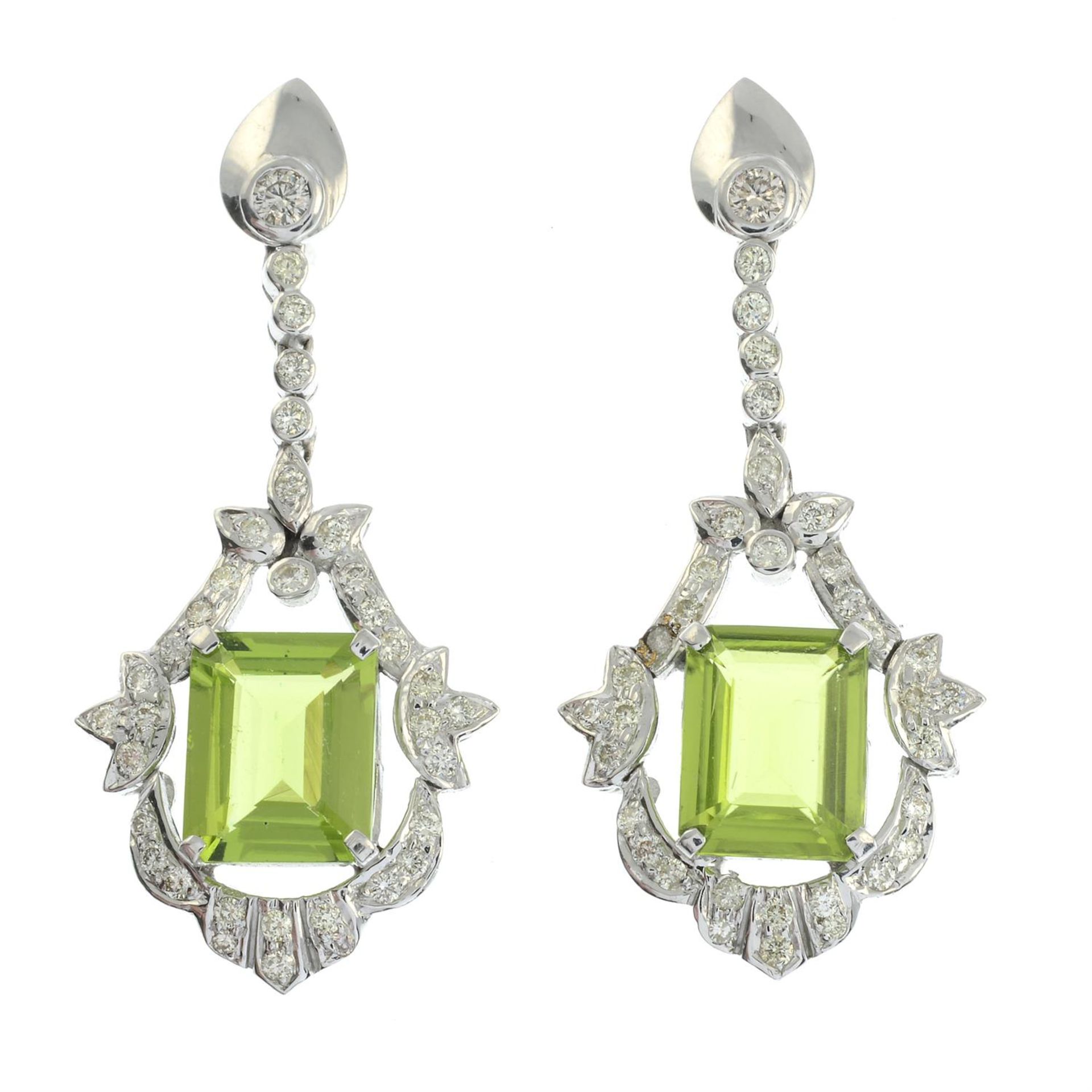 A pair of peridot and diamond drop earrings. - Image 2 of 3