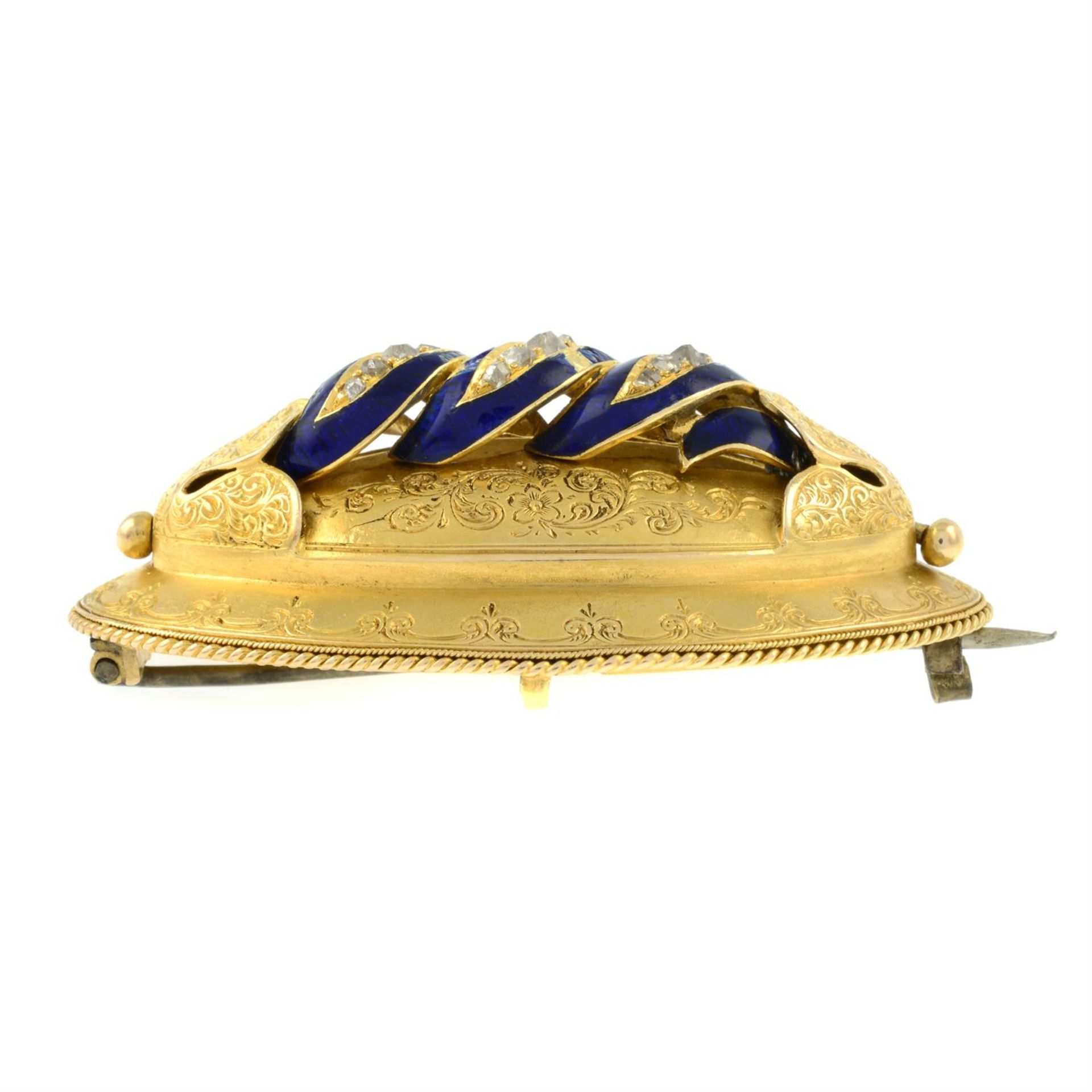 A mid to late 19th century engraved gold, old-cut diamond and blue enamel brooch. - Image 4 of 5
