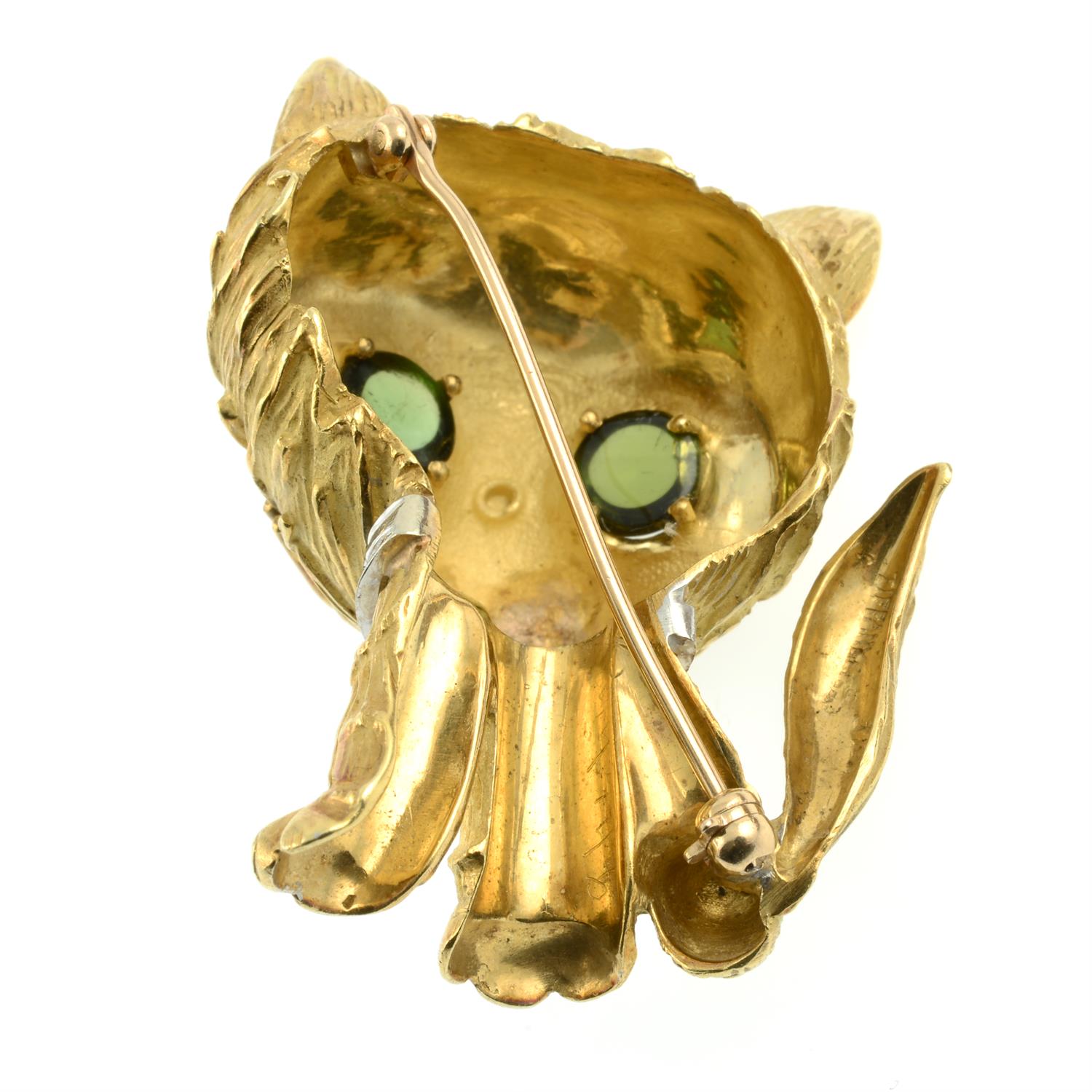 A mid 20th century 18ct gold cat brooch, with tourmaline eyes, coral nose and diamond collar, - Image 3 of 5