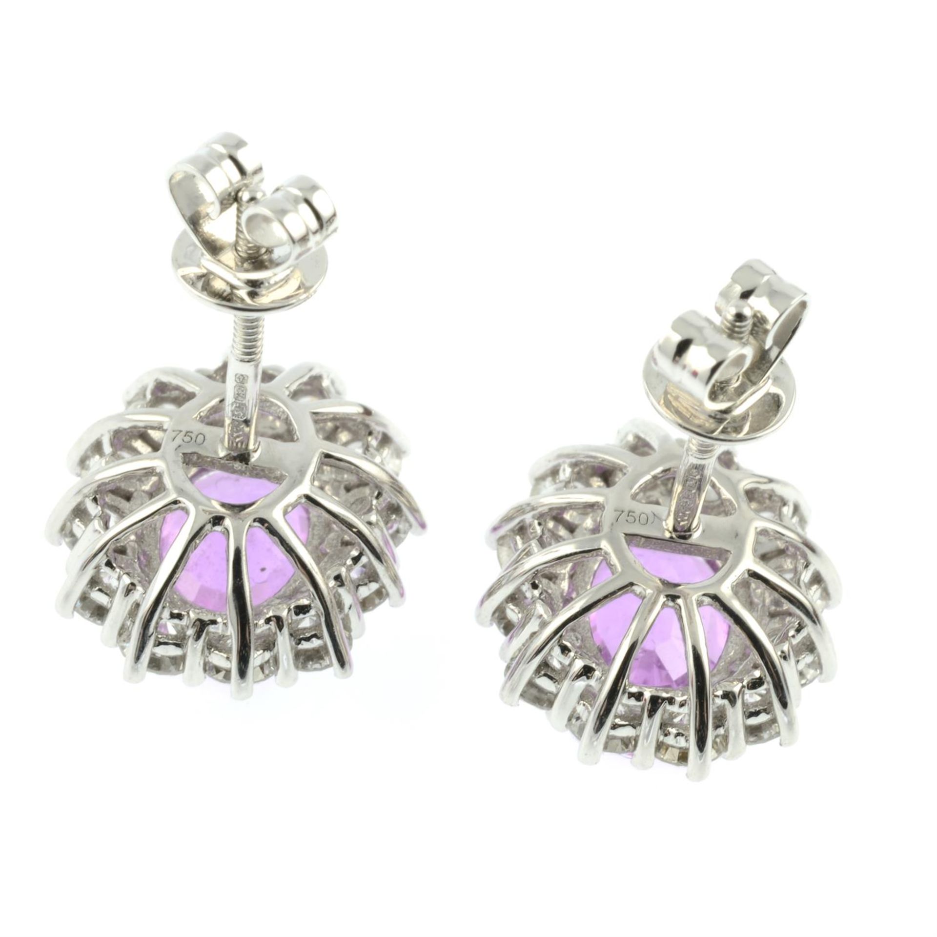 A pair of 18ct gold pink sapphire and brilliant-cut diamond cluster stud earrings. - Image 3 of 3