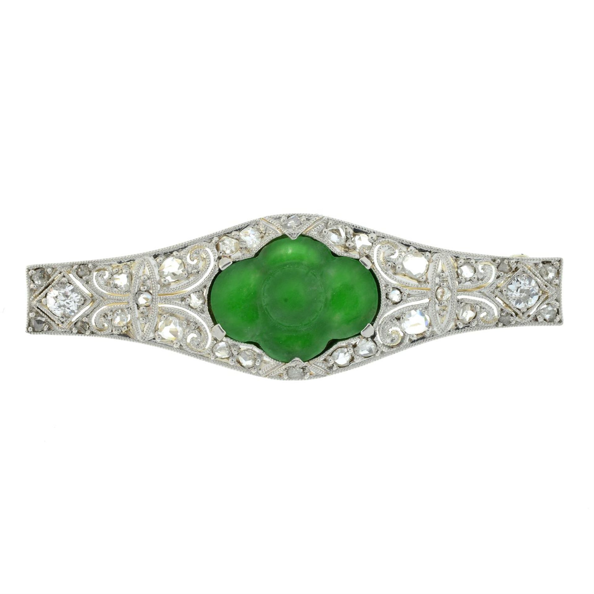 An Art Deco platinum and 18ct gold, carved jade and vari-cut diamond pierced brooch. - Image 2 of 4