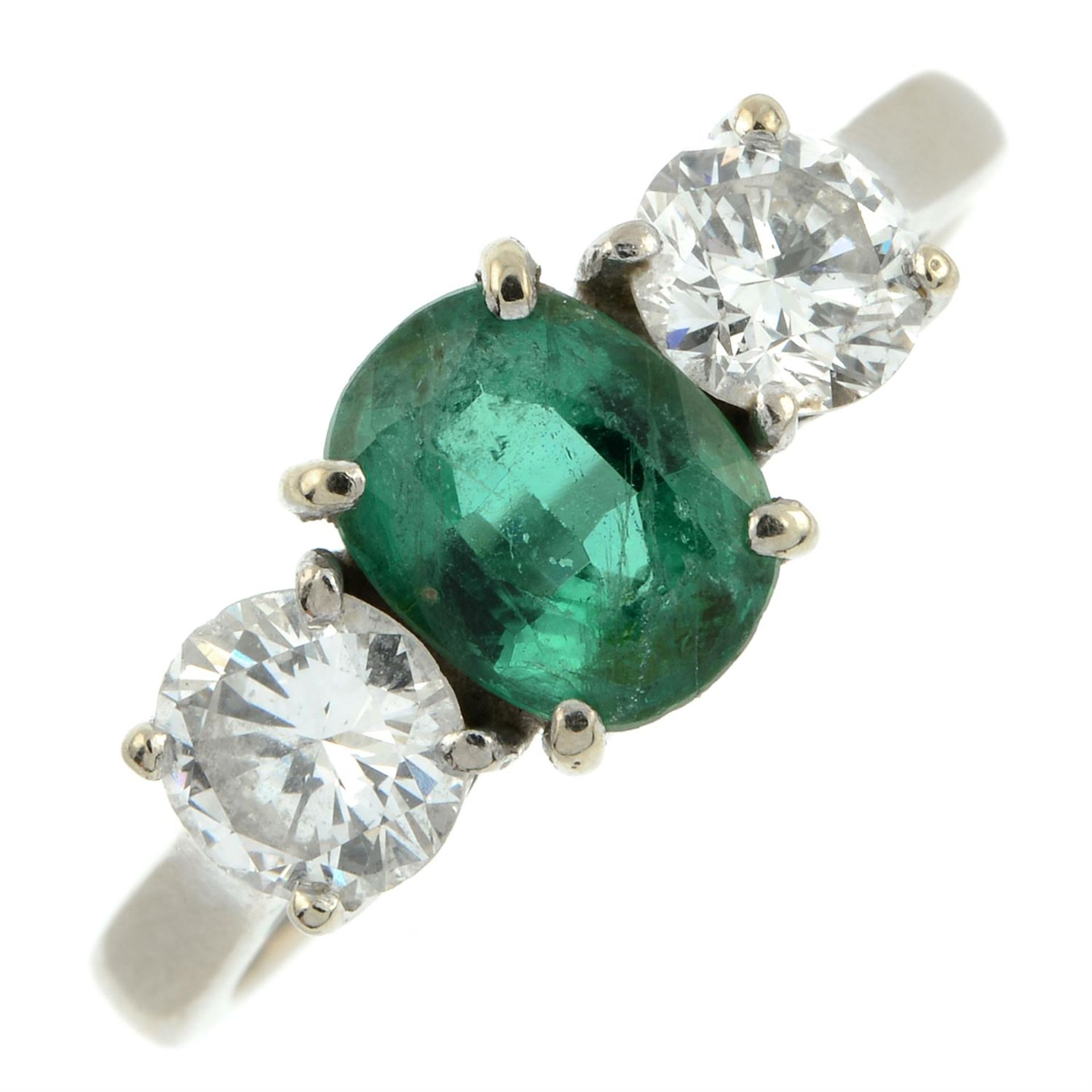 An 18ct gold emerald and brilliant-cut diamond three-stone ring. - Image 2 of 5