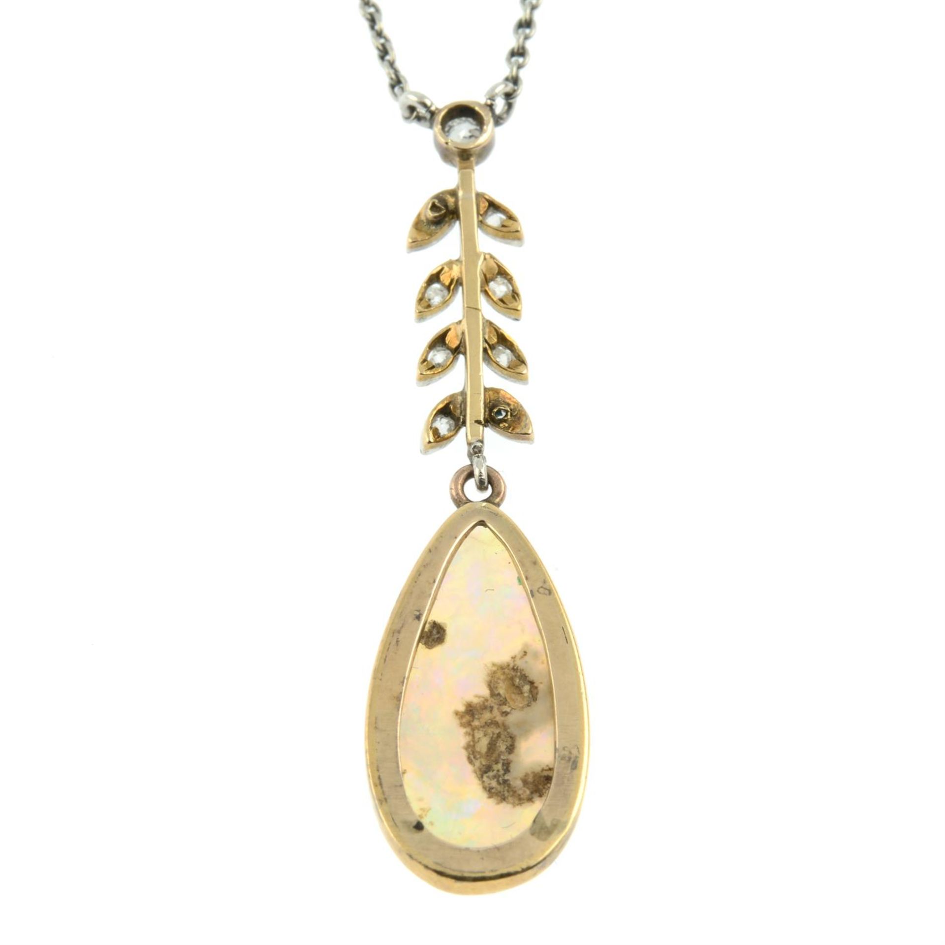 An early 20th century platinum and gold opal and old-cut diamond foliate pendant, - Bild 3 aus 5