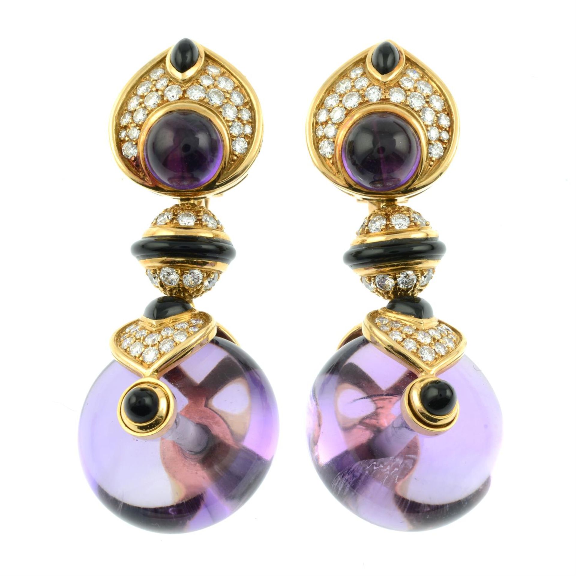 A pair of amethyst, onyx and pavé-set diamond earrings, by Marina B. - Image 2 of 3