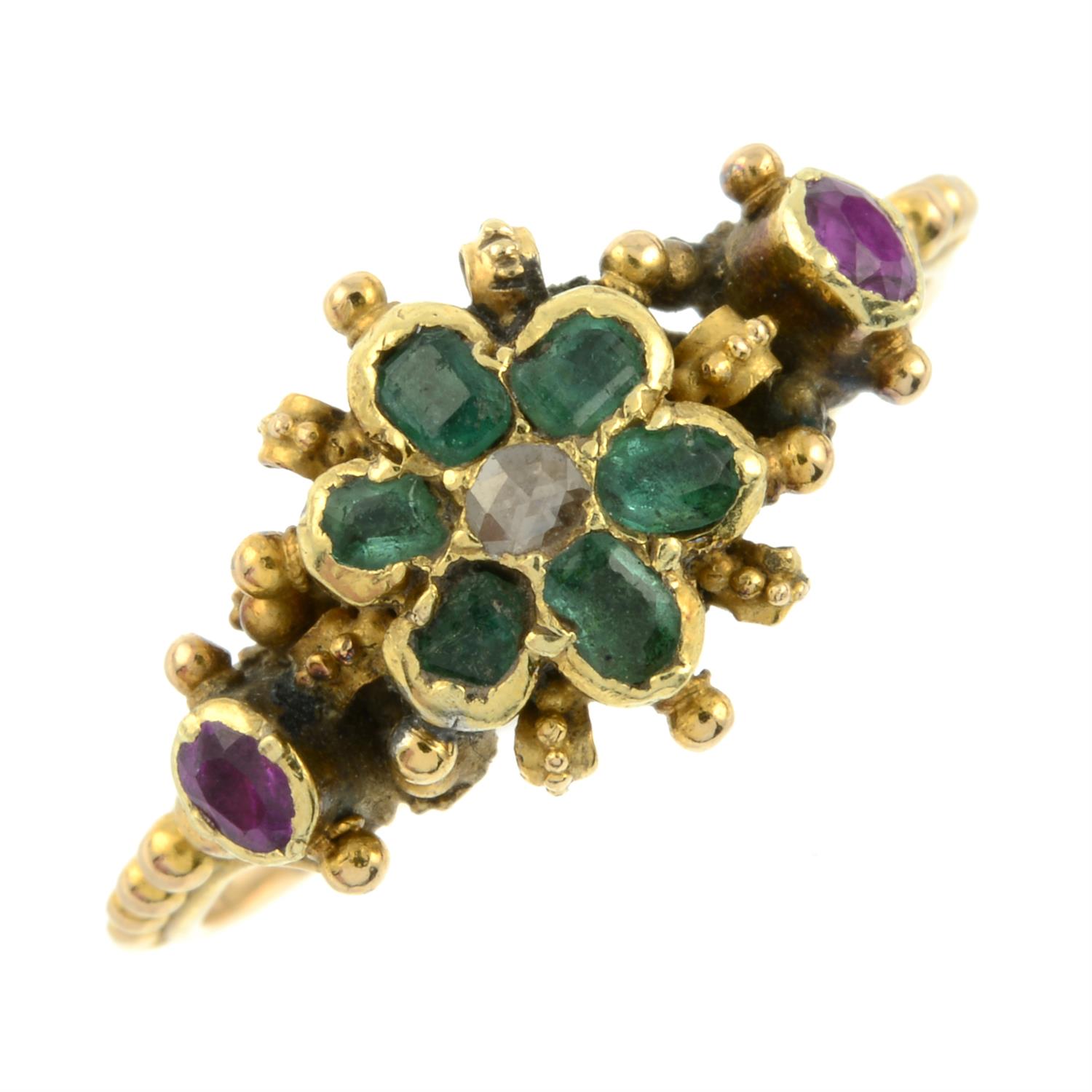 A mid Victorian gold emerald, ruby and rose-cut diamond floral ring. - Image 2 of 5