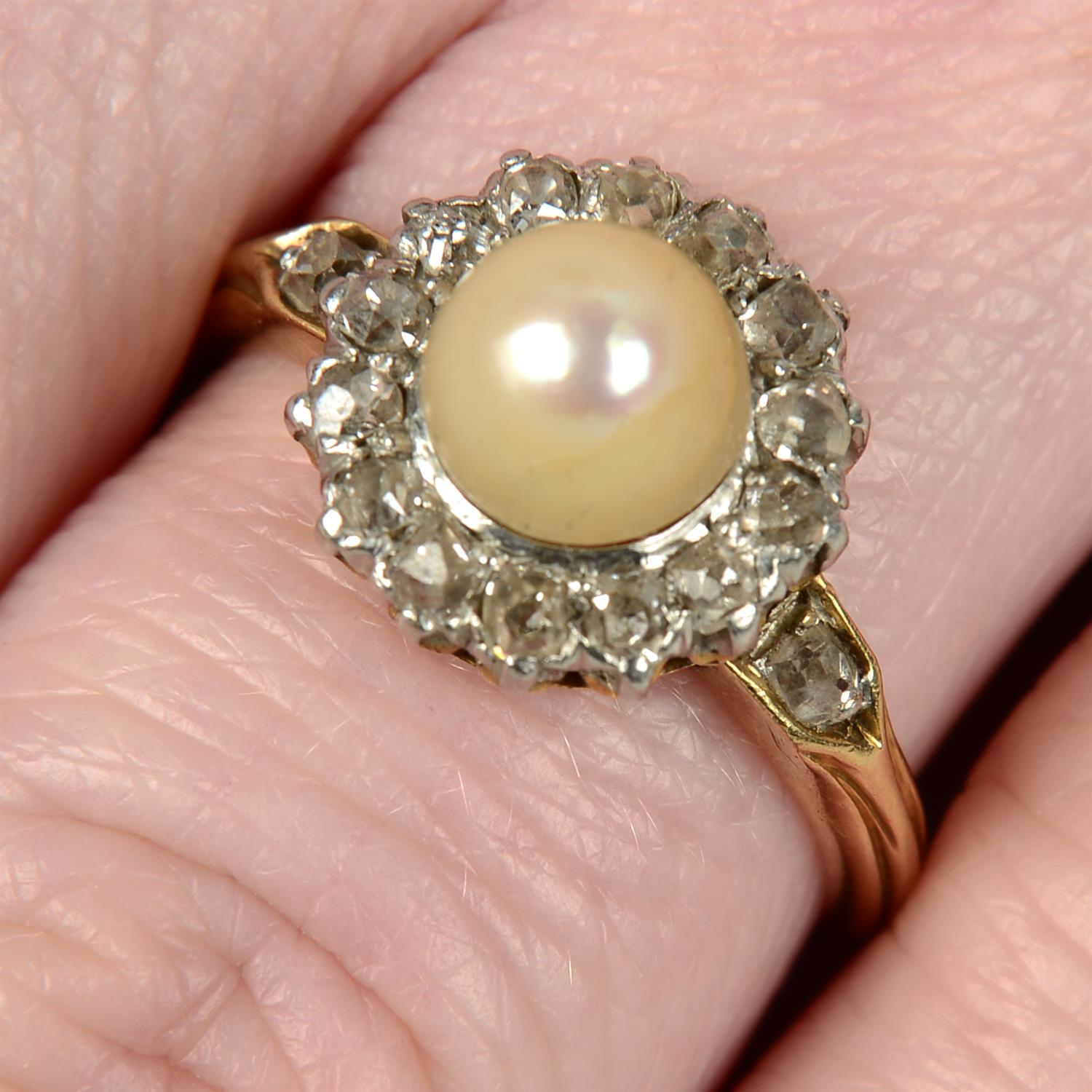 A late 19th century 18ct gold pearl and old-cut diamond cluster ring.