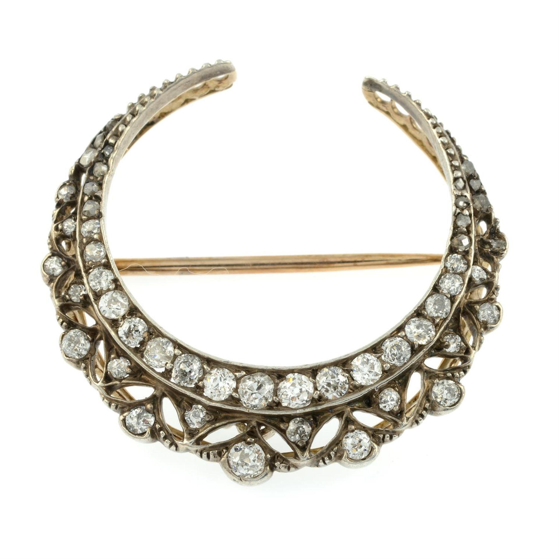 A late Victorian silver and gold rose and old-cut diamond openwork crescent moon brooch. - Image 2 of 4