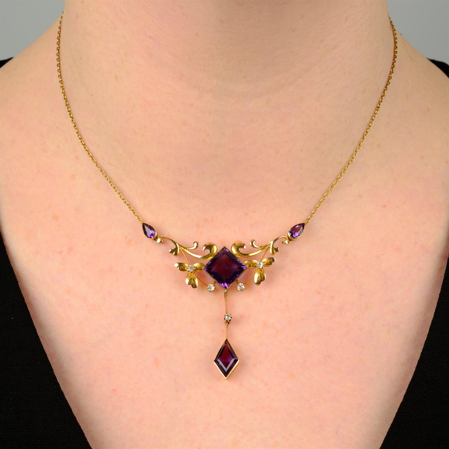 An early 20th century 15ct gold amethyst and old-cut diamond foliate drop pendant, - Image 5 of 5