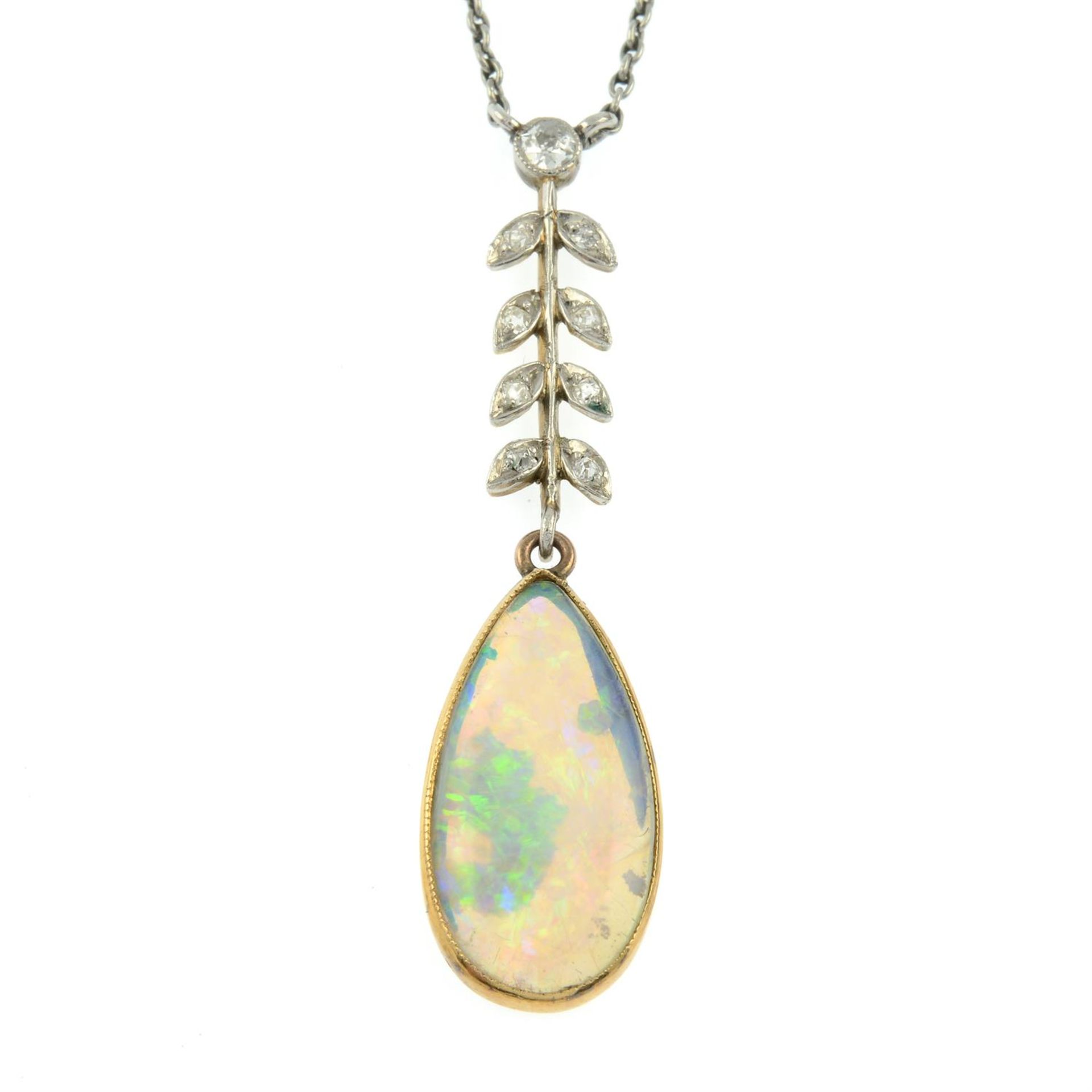 An early 20th century platinum and gold opal and old-cut diamond foliate pendant, - Bild 2 aus 5