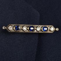 A mid 20th century silver and gold, sapphire, old-cut and diamond point bar brooch.