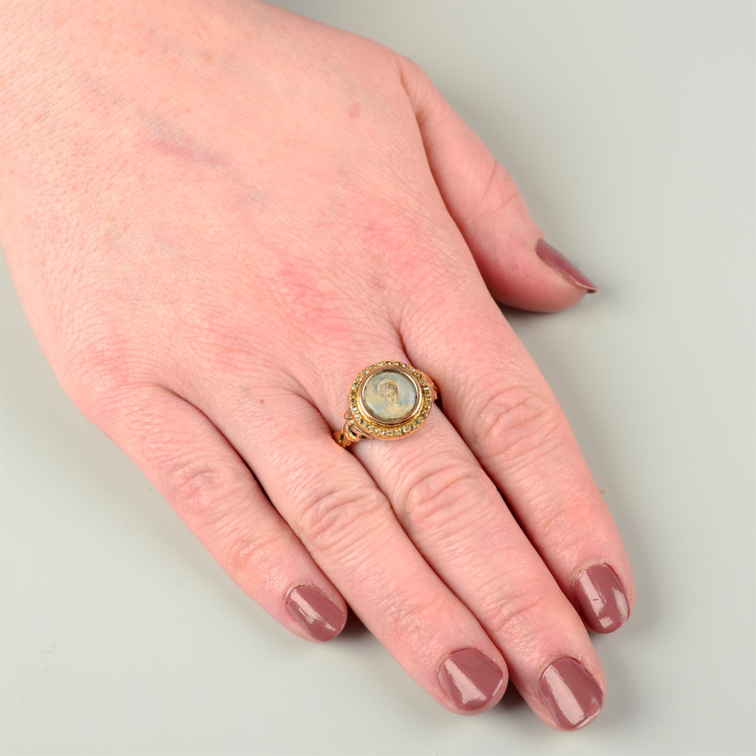 A late 19th century gold portrait miniature ring, with rose-cut diamond surround and replacement - Image 5 of 5