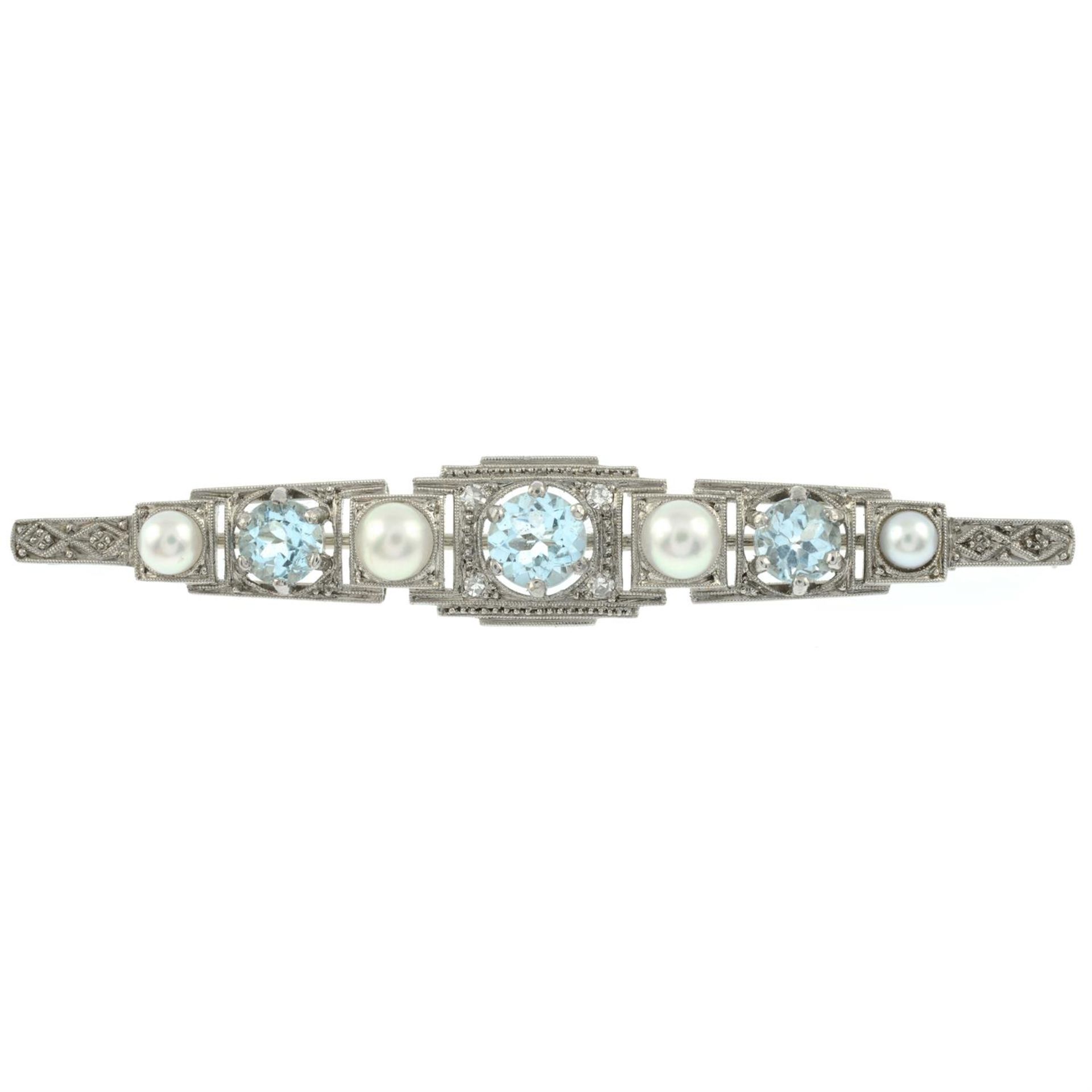 A mid 20th century palladium and gold, blue topaz, cultured pearl and diamond geometric bar brooch. - Image 2 of 4