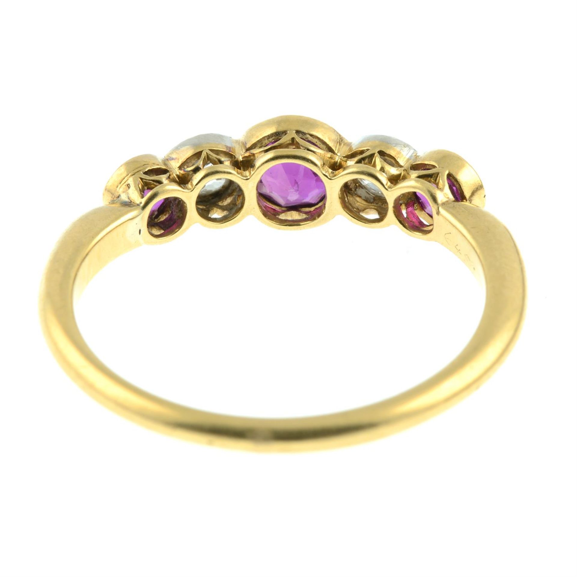 A late 19th century 18ct gold ruby and old-cut diamond five-stone ring. - Bild 4 aus 5