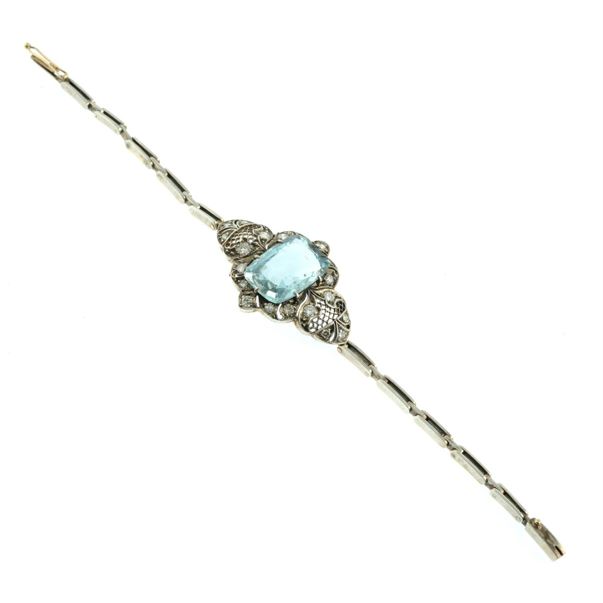 A mid 20th century silver and gold aquamarine, single and brilliant-cut diamond bracelet. - Image 3 of 4