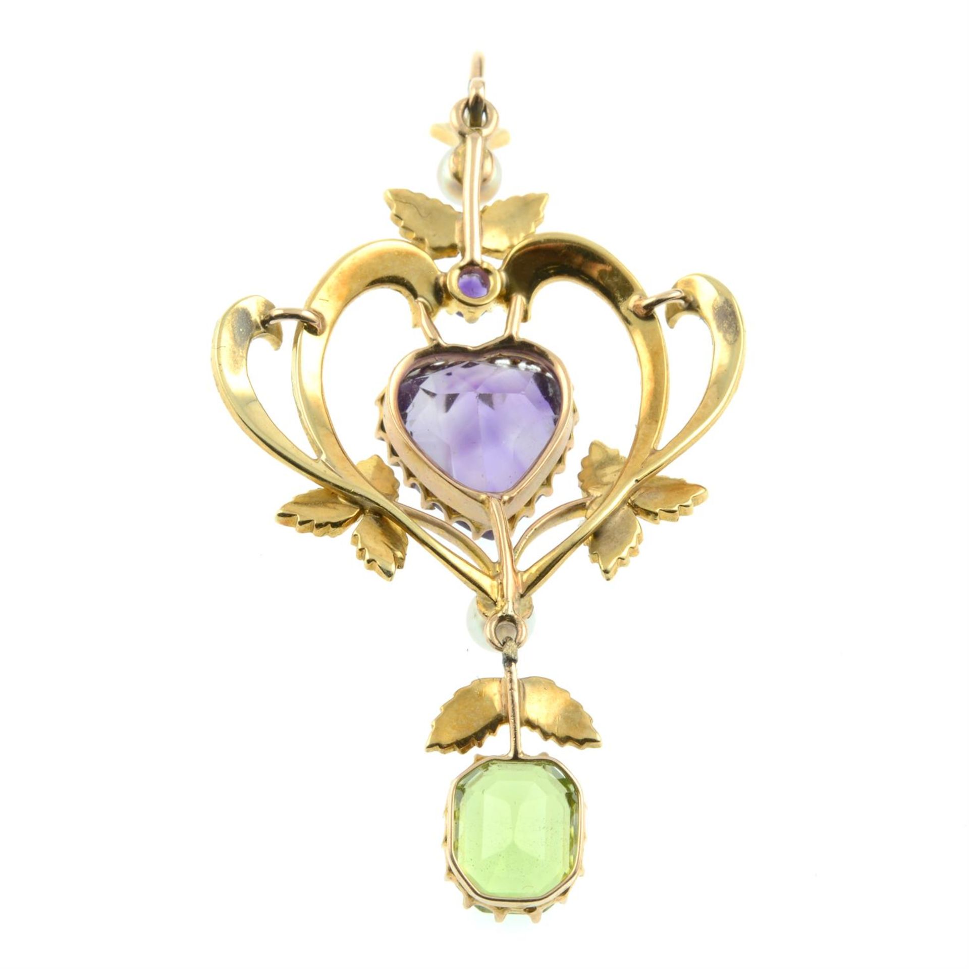 An early 20th century 15ct gold amethyst, peridot, pearl and split pearl pendant. - Image 3 of 4