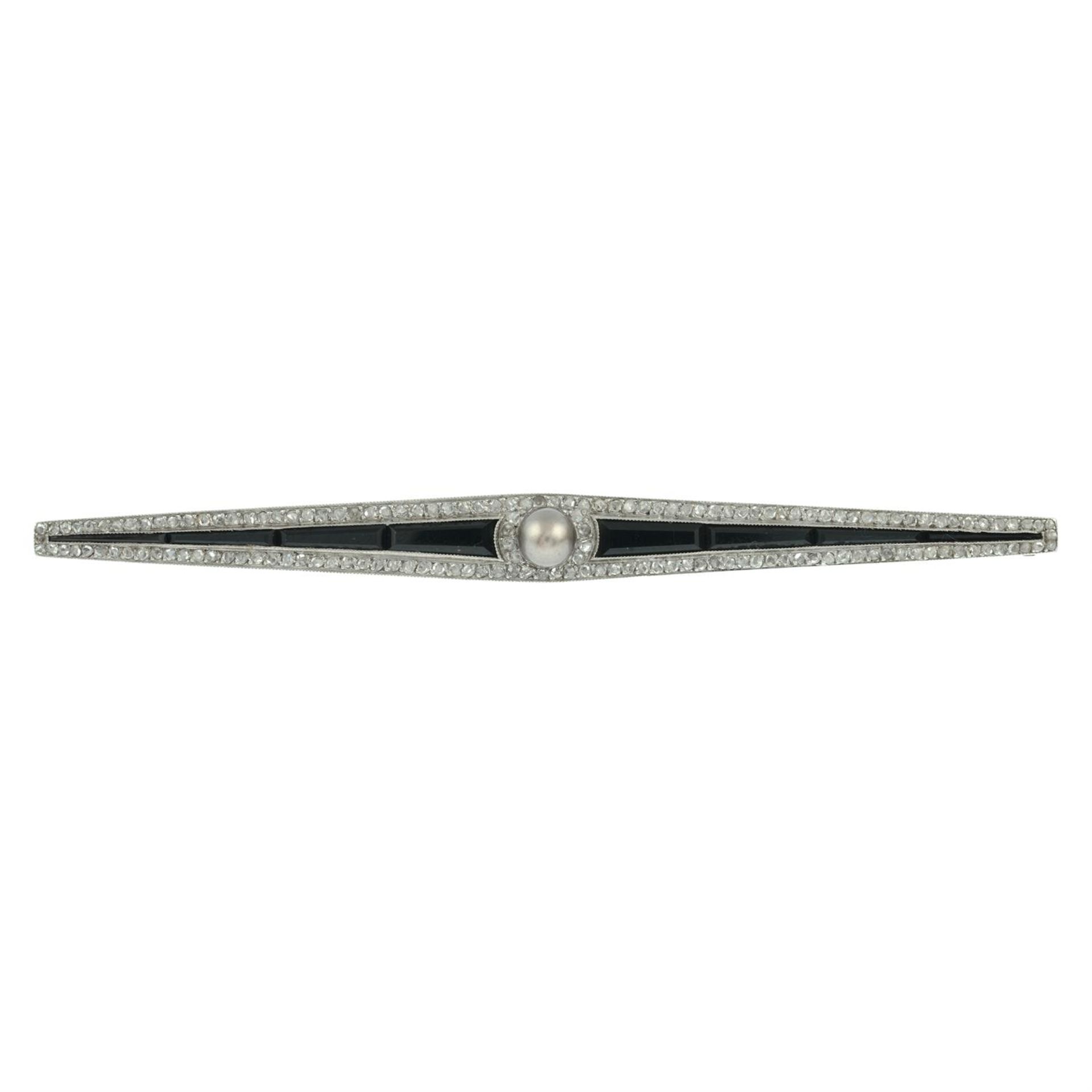 An Art Deco platinum and gold rose-cut diamond, calibre-cut onyx and mabe pearl bar brooch. - Image 2 of 4