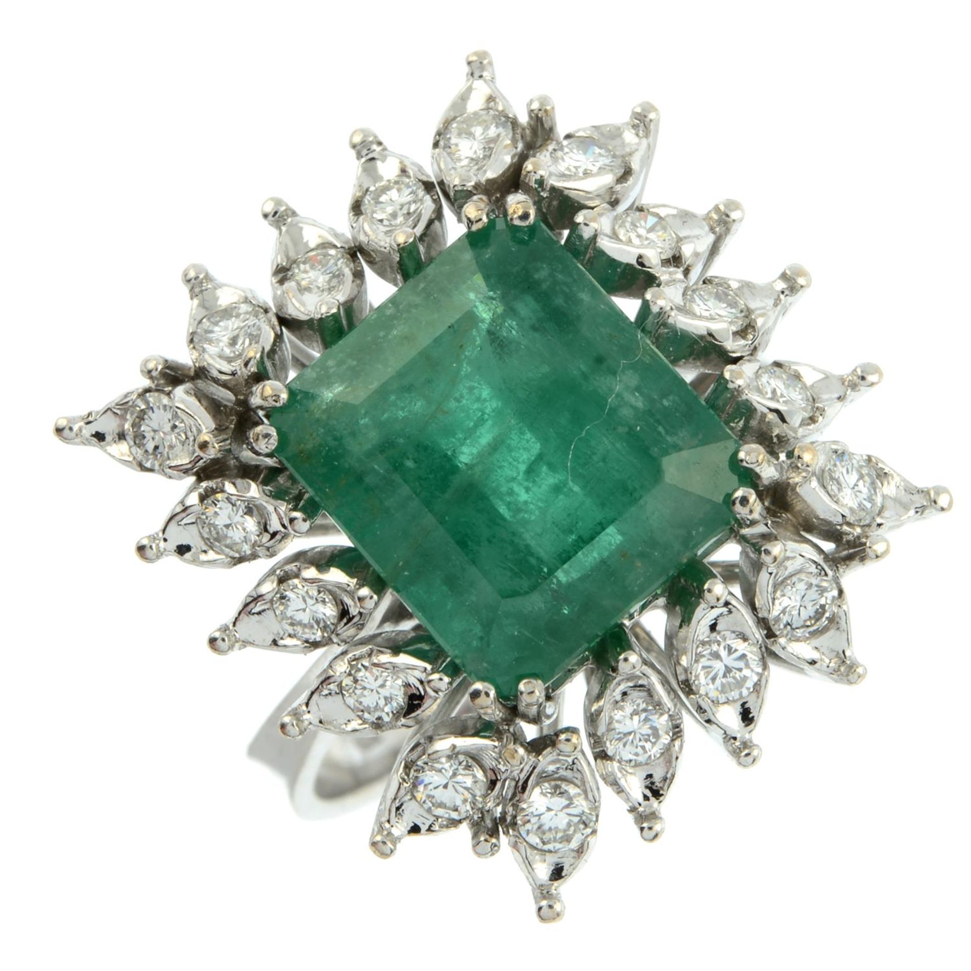 A mid 20th century 18ct gold Brazilian emerald and brilliant-cut diamond cluster ring. - Image 2 of 5
