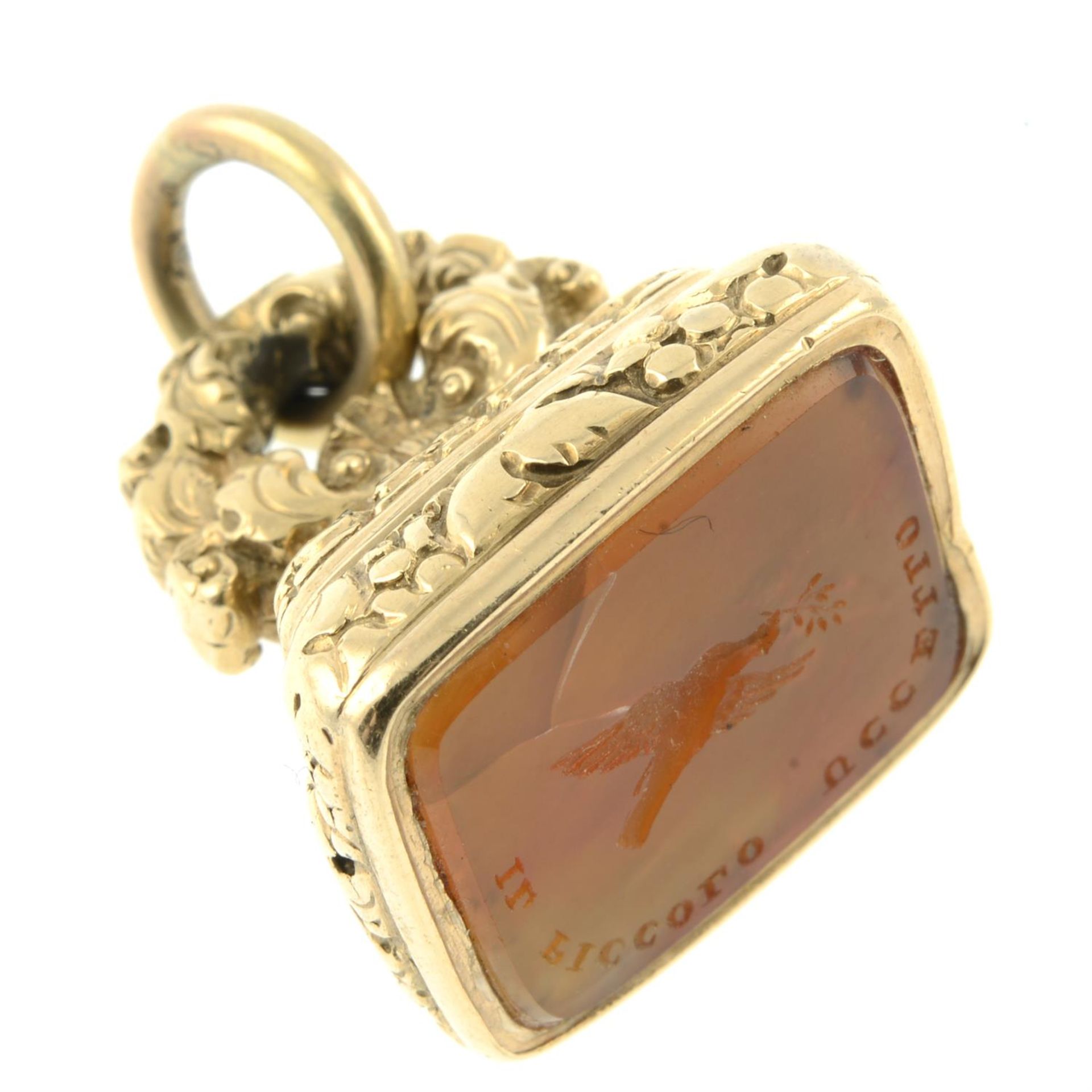 A 19th century gold agate 'a little bird told me' fob seal, engraved with a dove holding an olive - Image 2 of 4