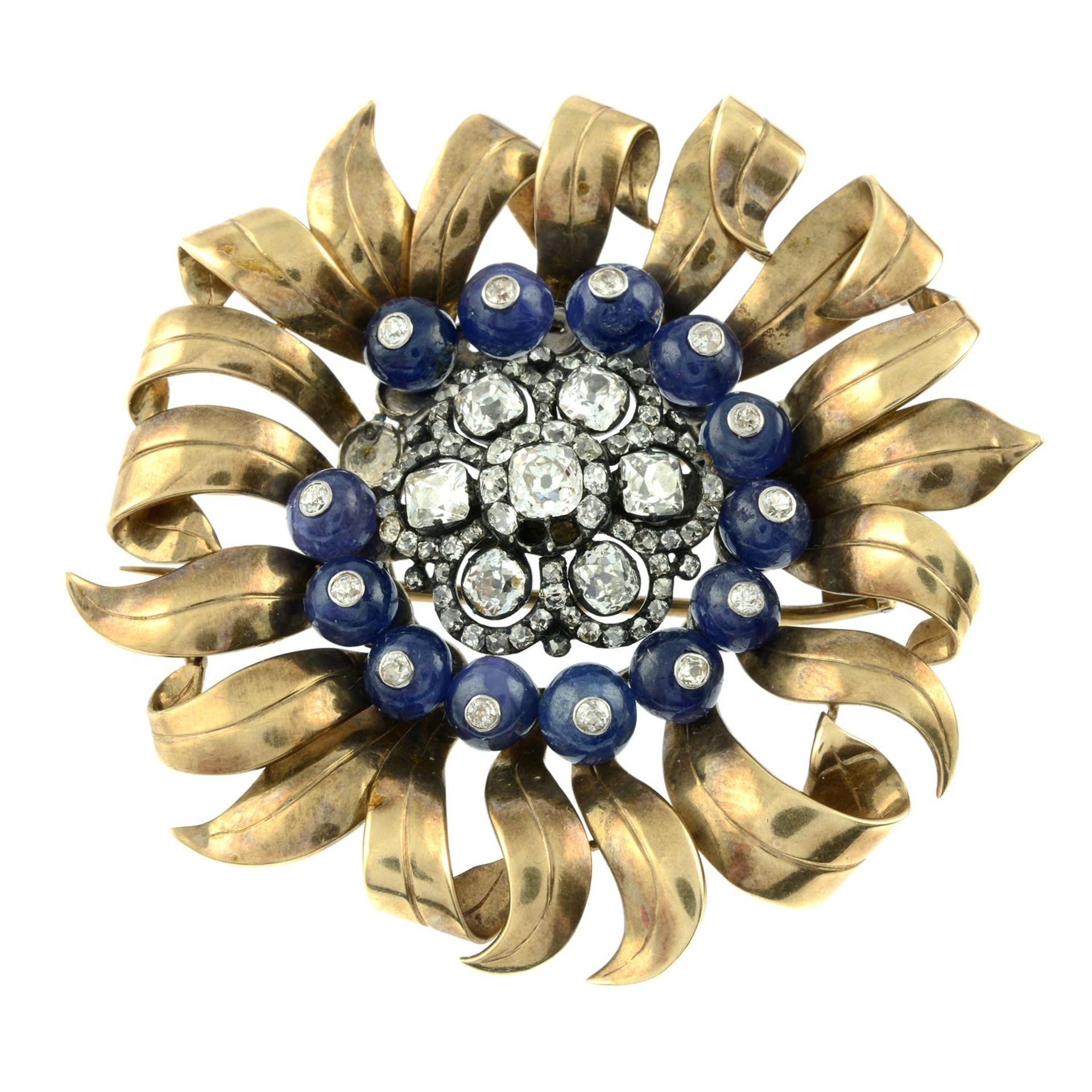 A mid 20th century silver and 9ct gold old-cut diamond and sapphire bead floral brooch. - Bild 2 aus 4