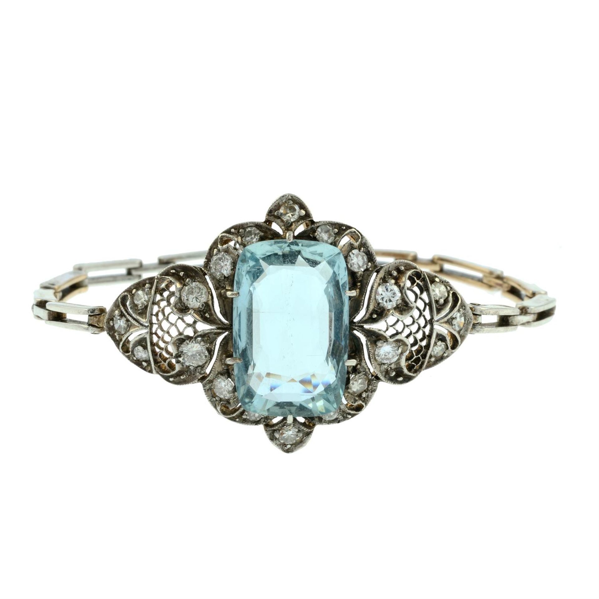 A mid 20th century silver and gold aquamarine, single and brilliant-cut diamond bracelet. - Image 2 of 4