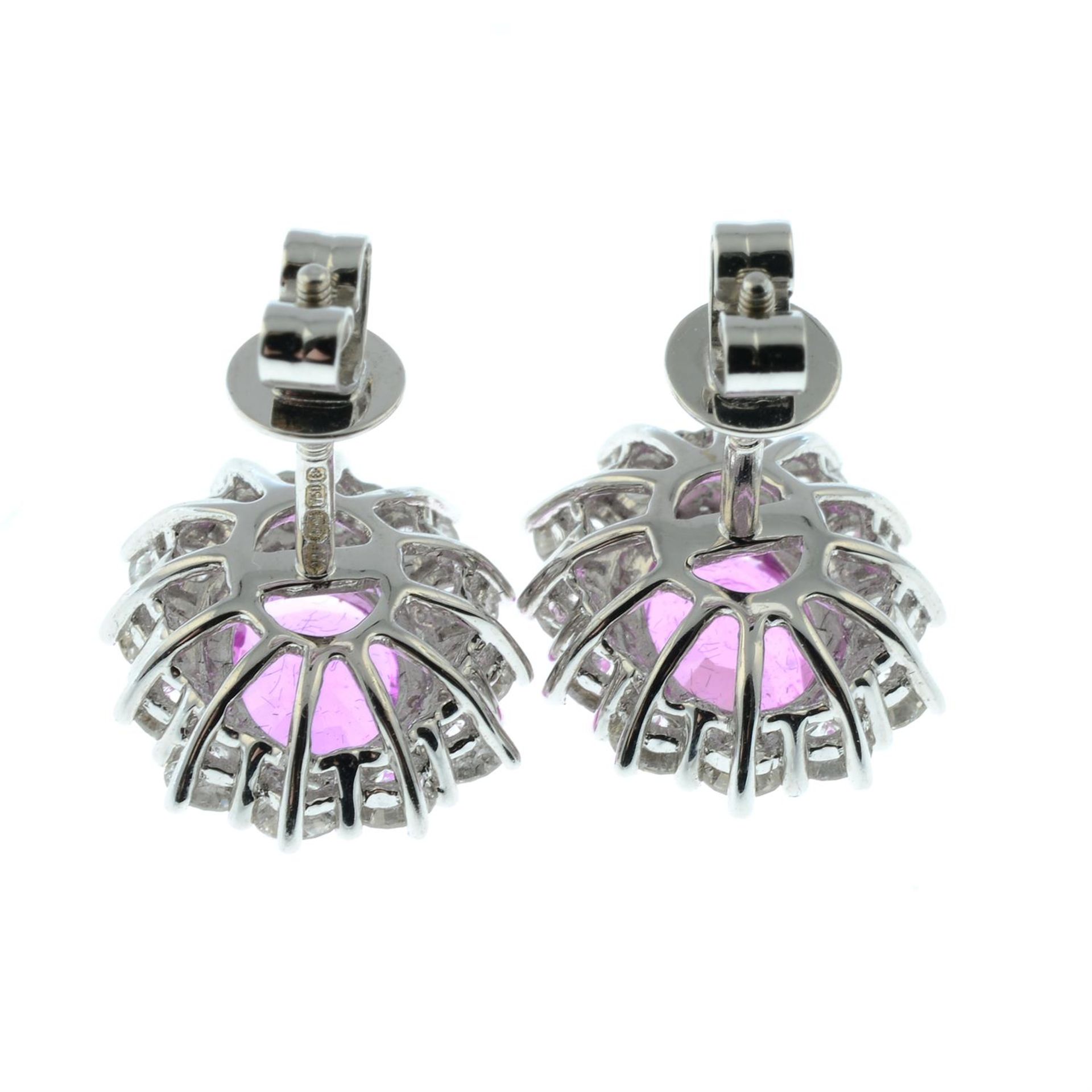 A pair of 18ct gold pink sapphire and diamond cluster earrings. - Image 3 of 4