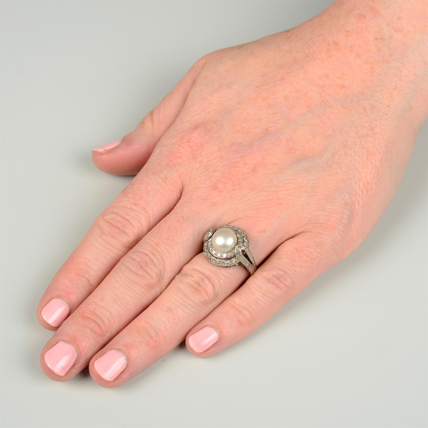 An early to mid 20th century platinum pearl, single and baguette-cut diamond dress ring. - Image 5 of 5