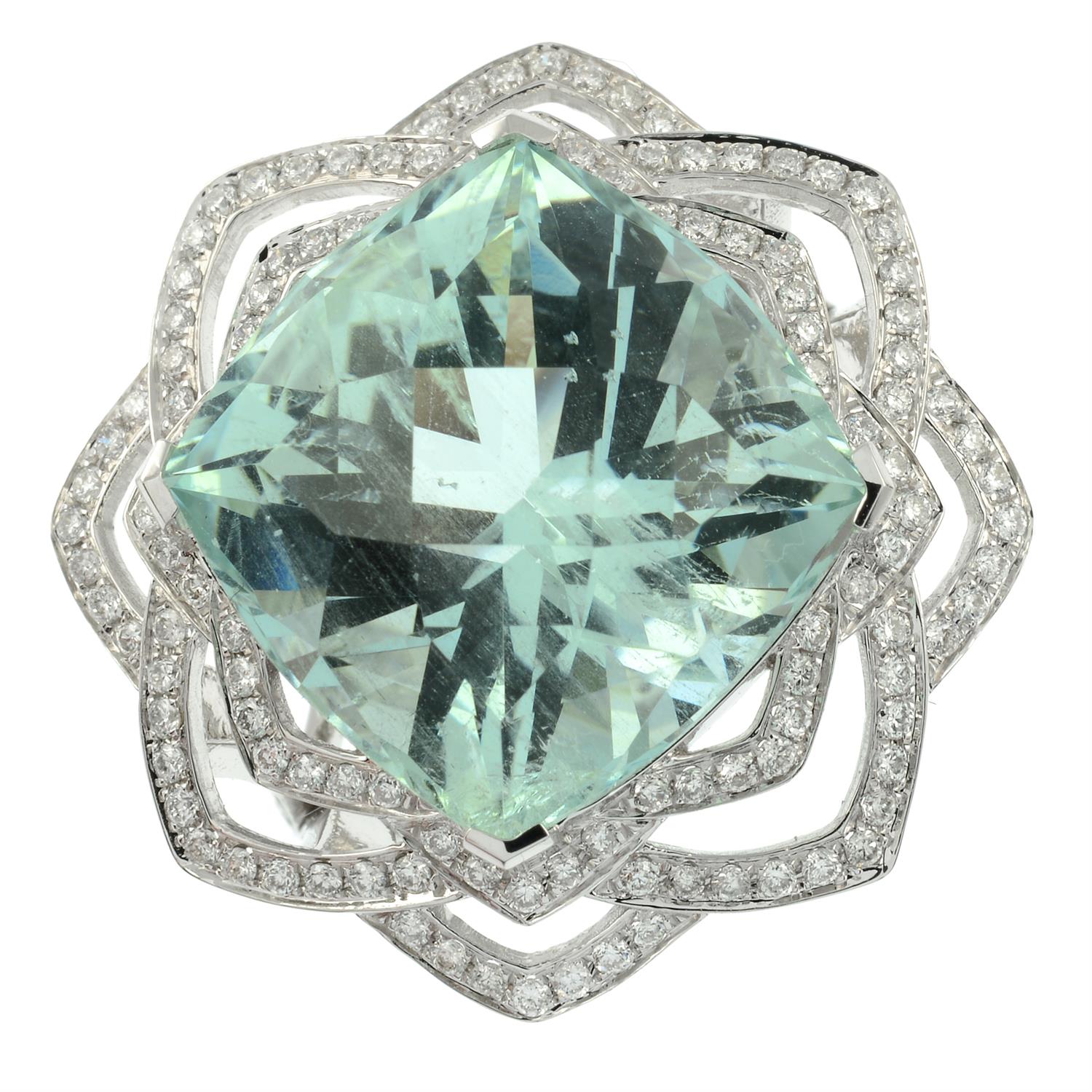 An 18ct gold aquamarine and brilliant-cut diamond floral openwork ring. - Image 2 of 5