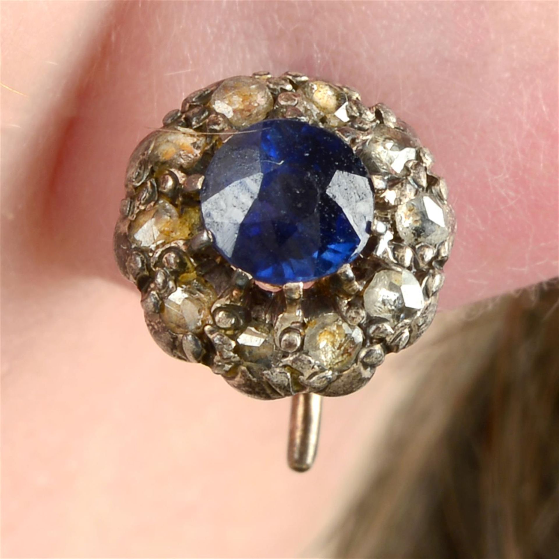 A pair of late Victorian silver and gold, sapphire and rose-cut diamond cluster earrings.