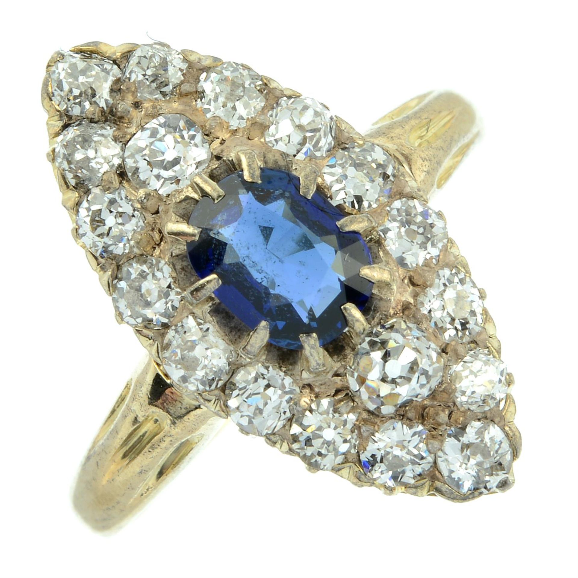 A late Victorian 15ct gold sapphire and old-cut diamond marquise-shape ring. - Image 2 of 5