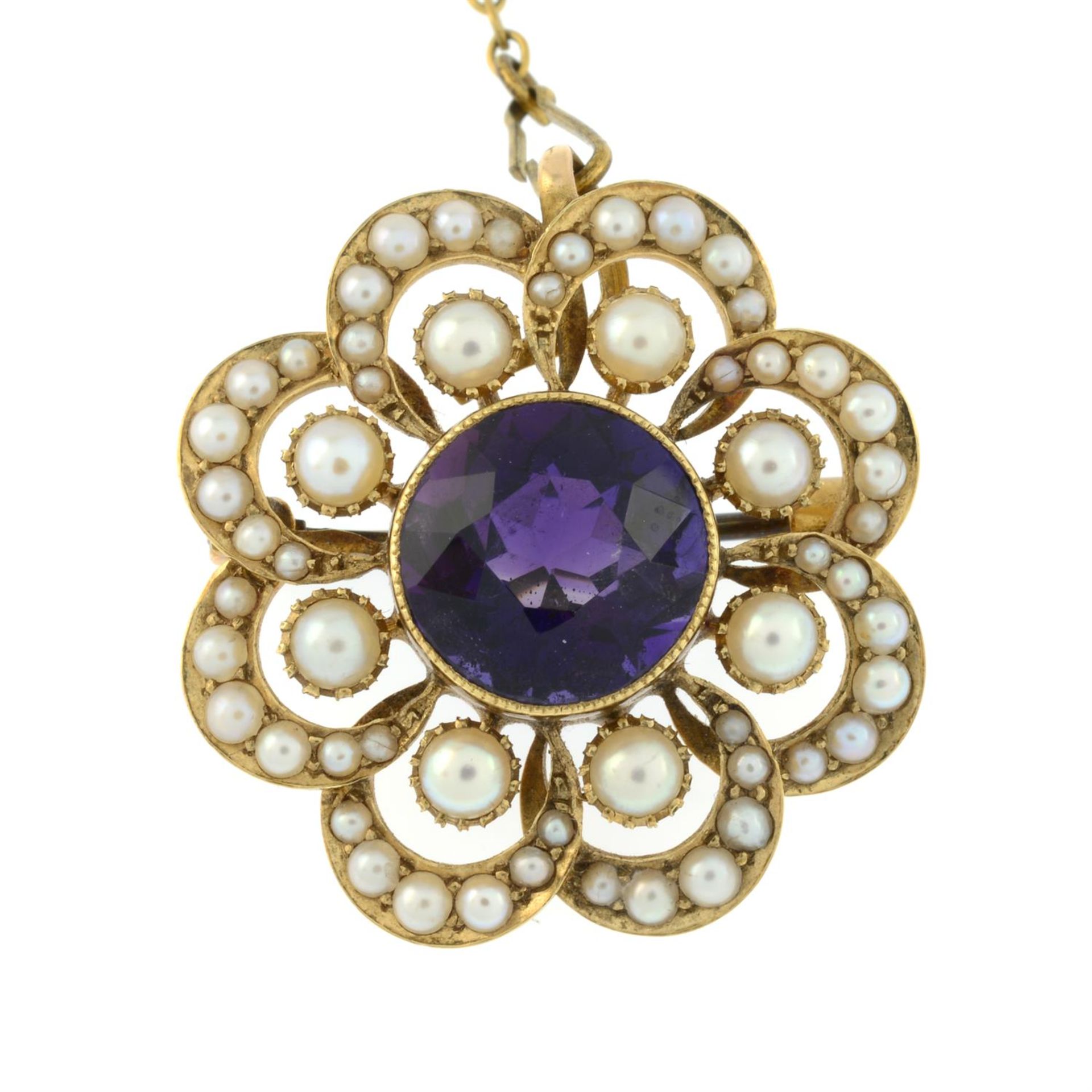 A Victorian 15ct gold split pearl and amethyst floral brooch/pendant. - Image 2 of 4