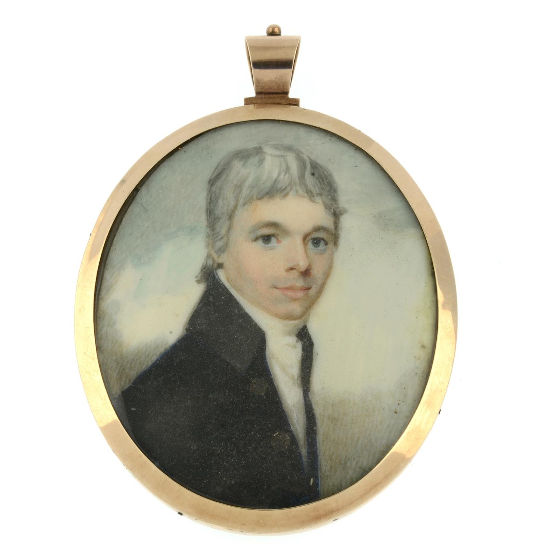 A 19th century gold mounted portrait miniature of a gentleman, with hairwork reverse. - Image 2 of 4