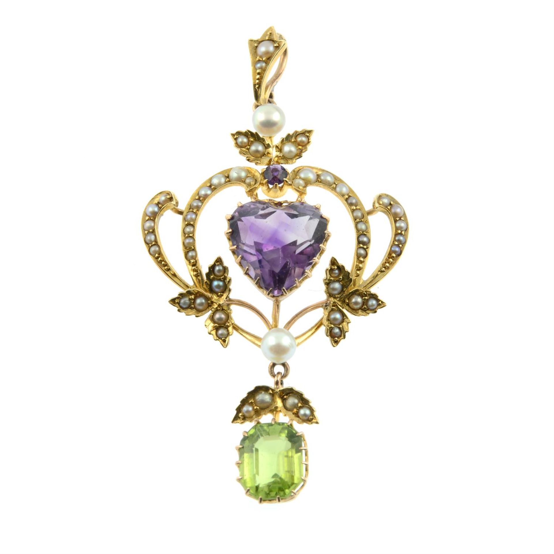 An early 20th century 15ct gold amethyst, peridot, pearl and split pearl pendant. - Image 2 of 4