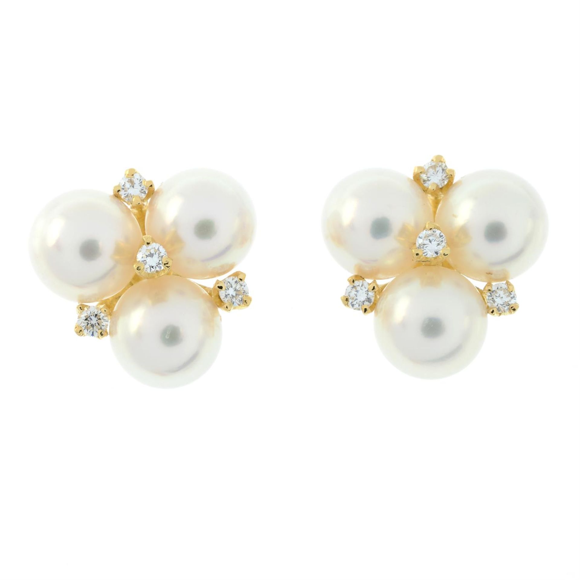 A pair of 18ct gold cultured pearl and brilliant-cut diamond earrings, by Mikimoto. - Image 2 of 3