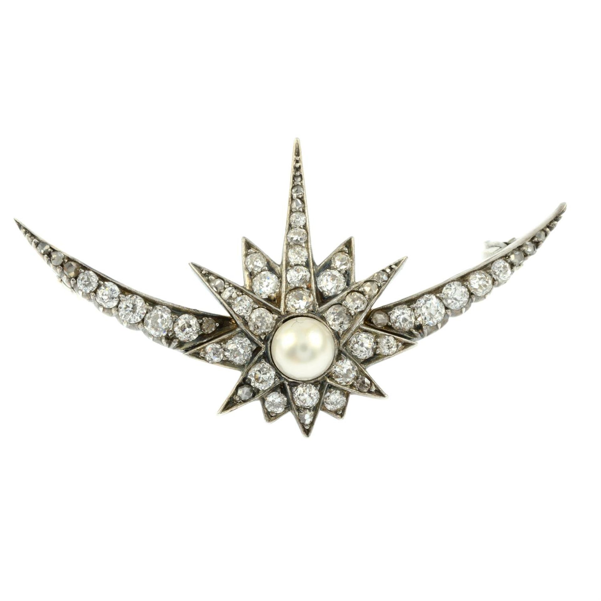 A late Victorian silver and gold pearl and diamond Northern star and crescent moon brooch. - Image 2 of 4