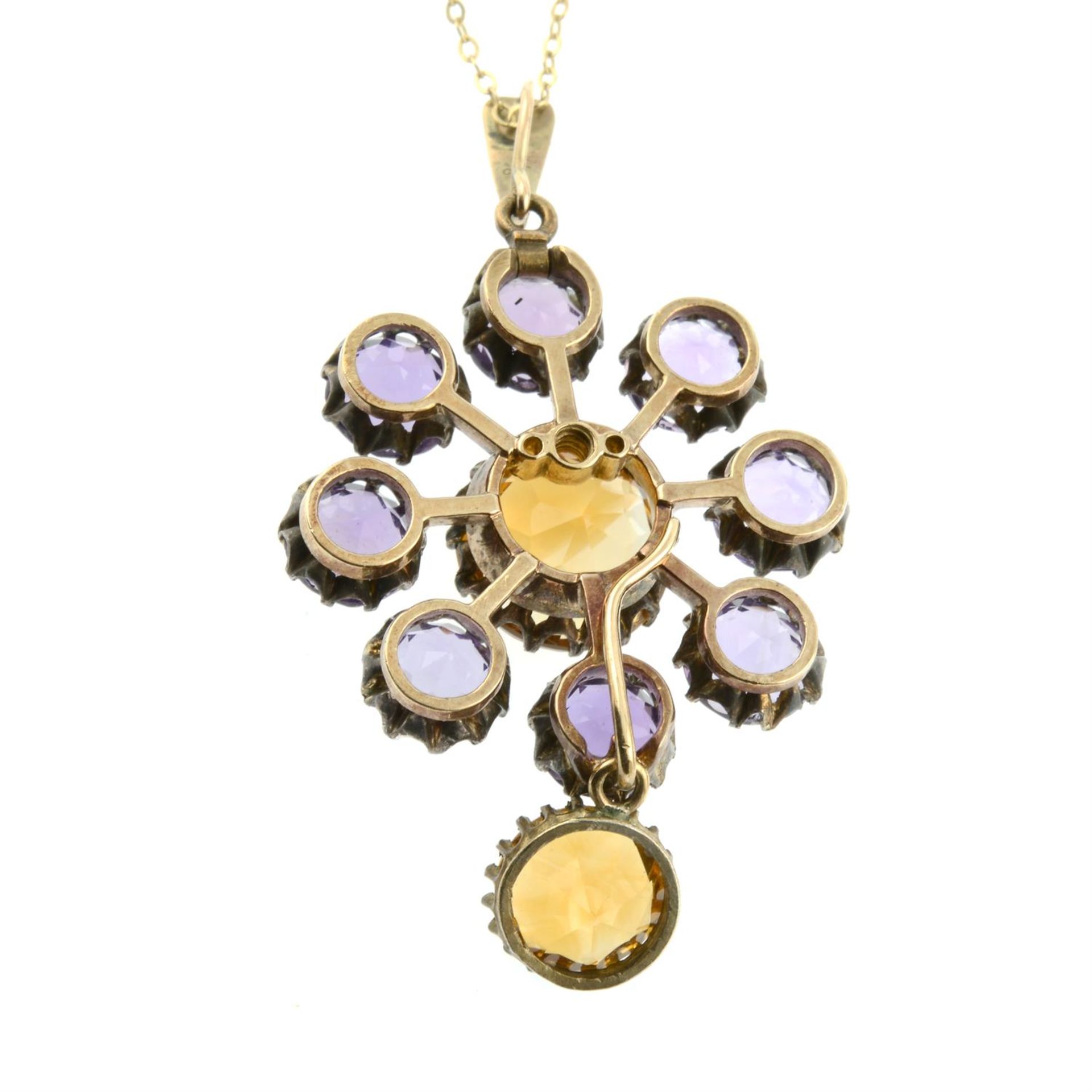 A late 19th century citrine and amethyst cluster pendant, with later surmount and trace-link chain. - Image 3 of 5